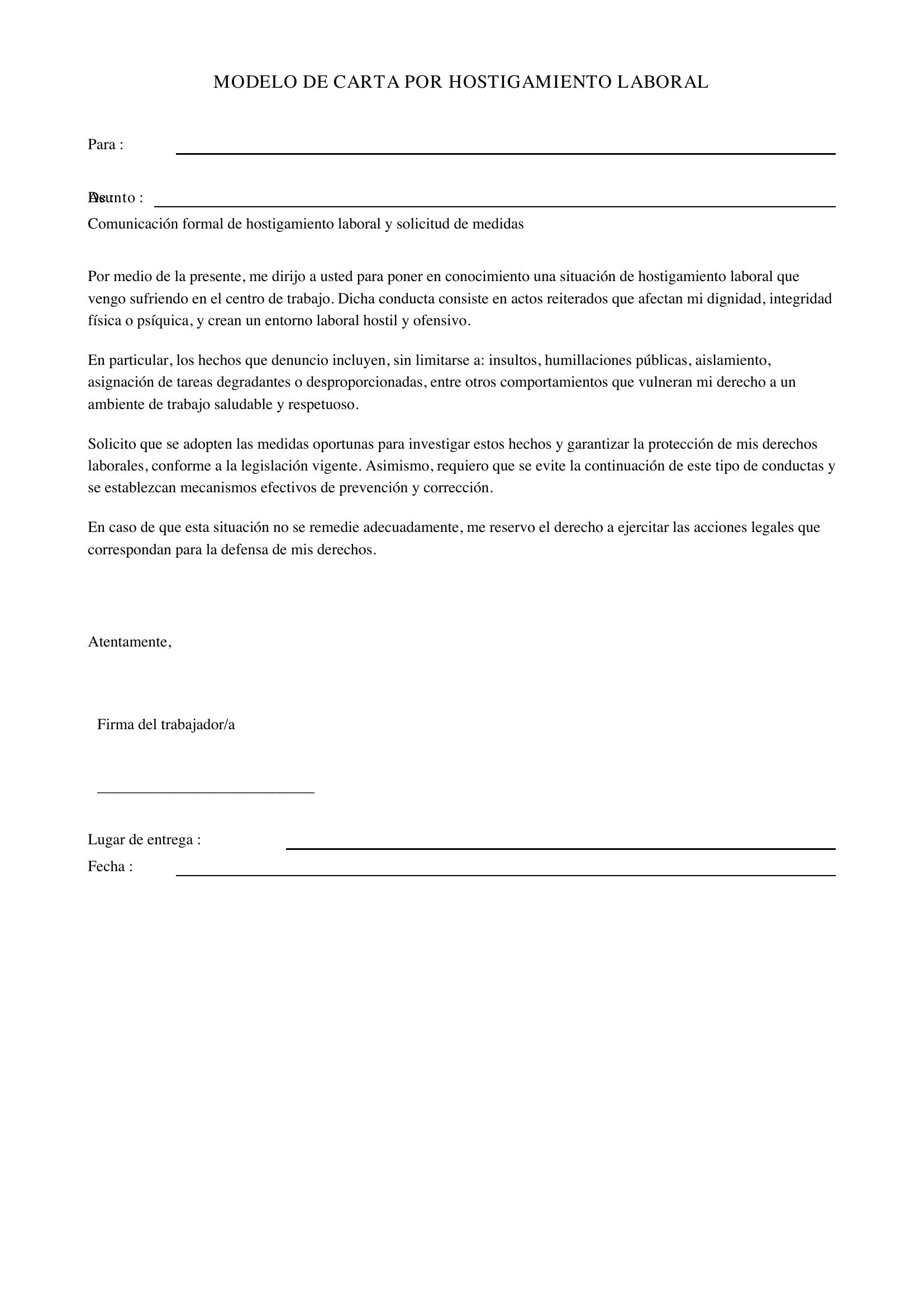 Modelo De Carta Por Hostigamiento Laboral