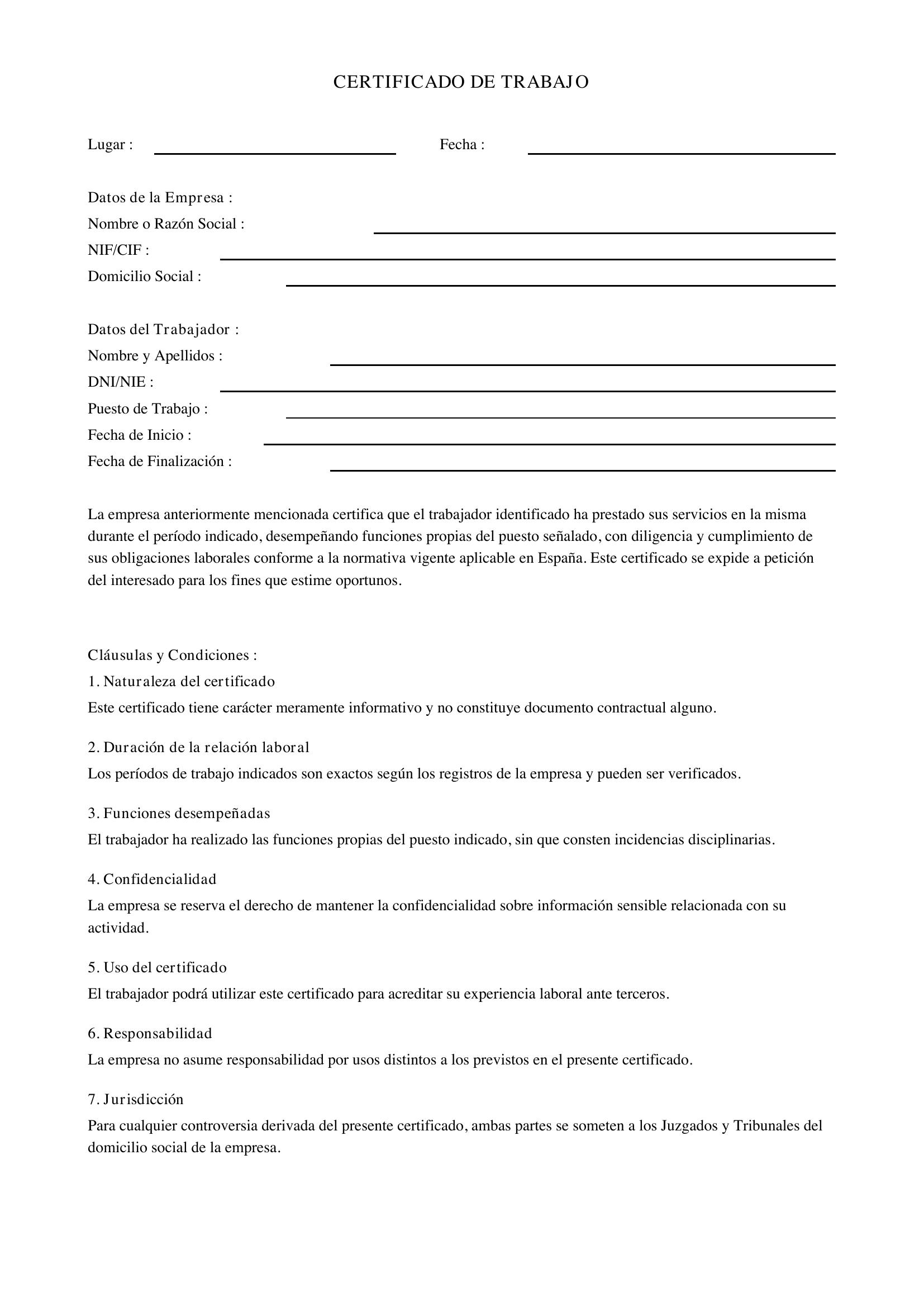 Modelo De Certificado De Trabajo