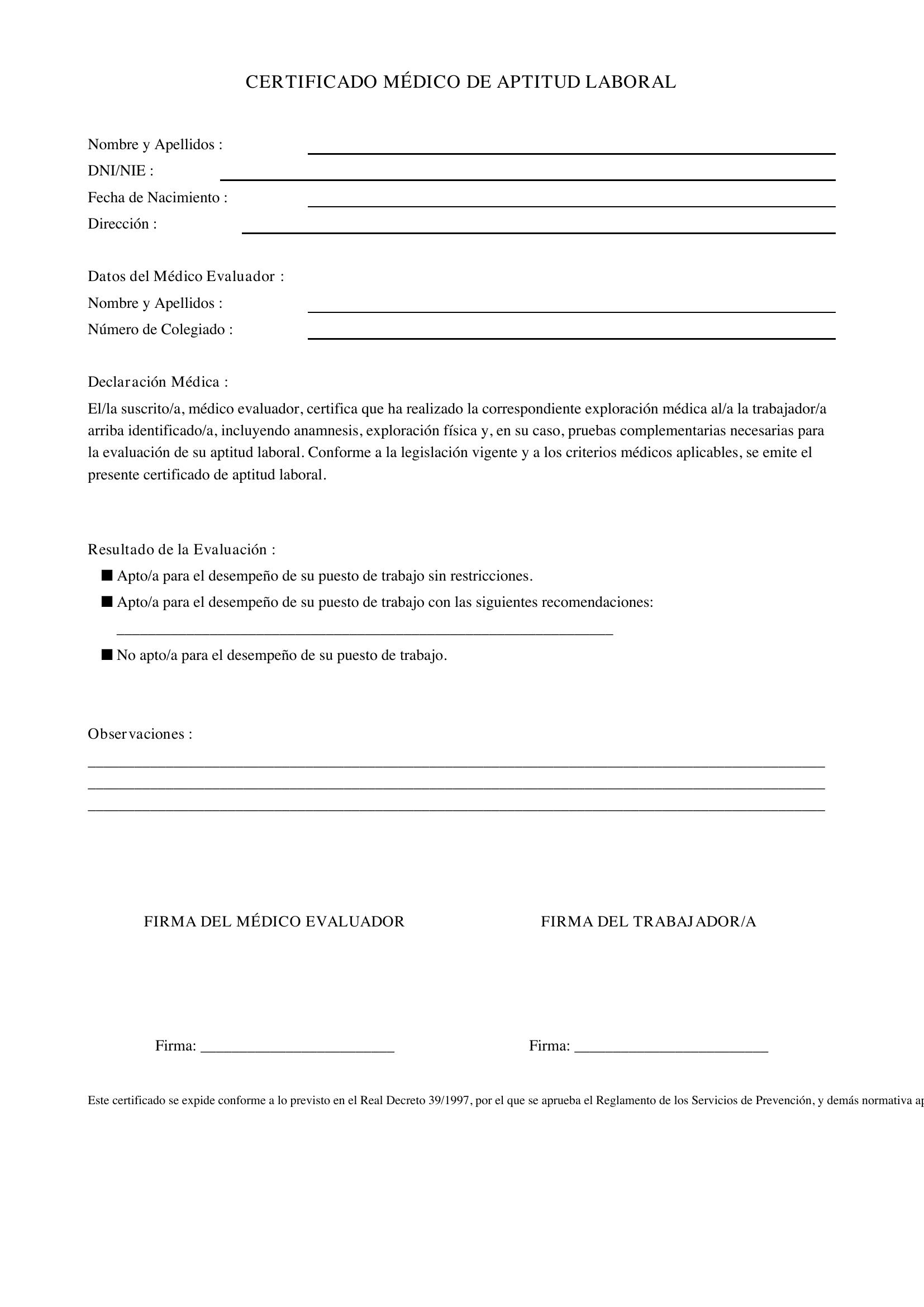 Modelo De Certificado Médico De Aptitud Laboral