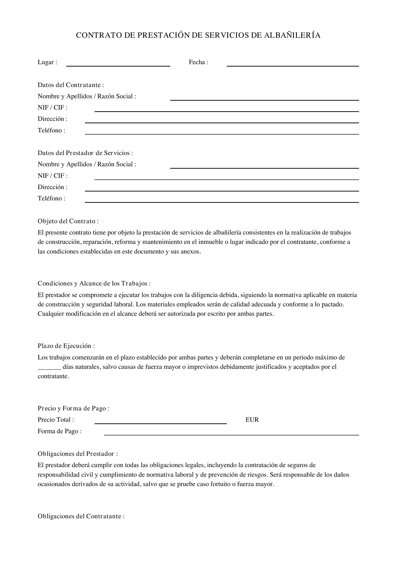 Modelo De Contrato De Albañilería