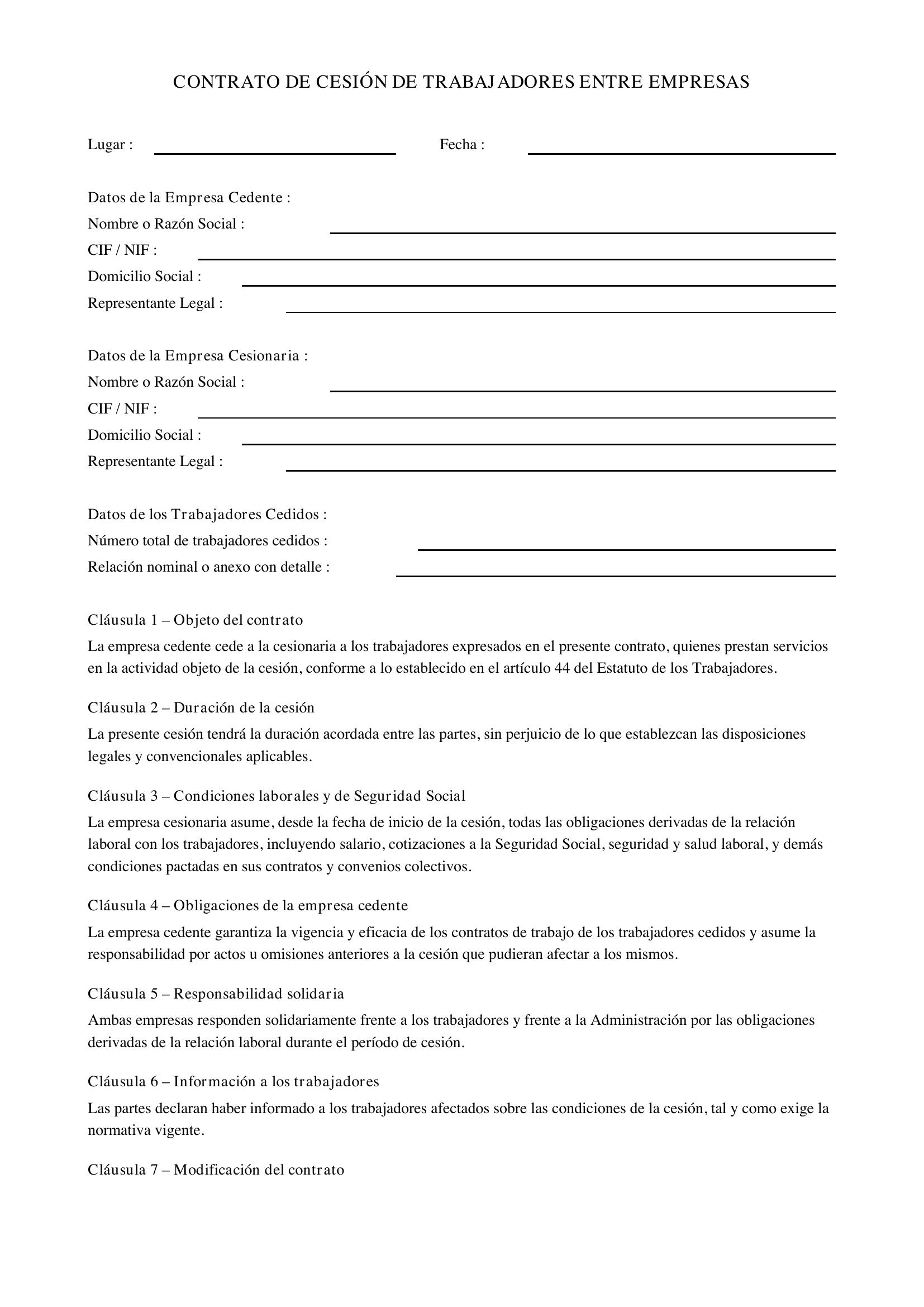 Modelo De Contrato De Cesión De Trabajadores Entre Empresas