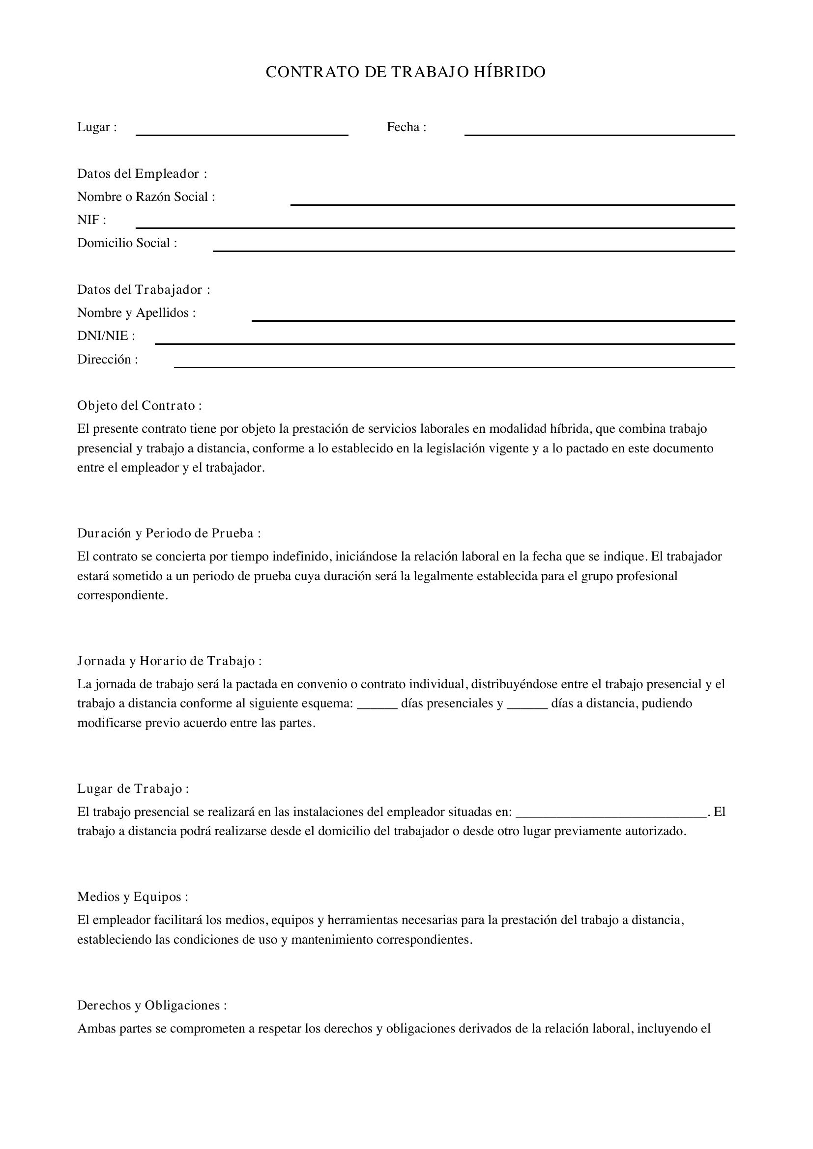 Modelo De Contrato De Trabajo Híbrido