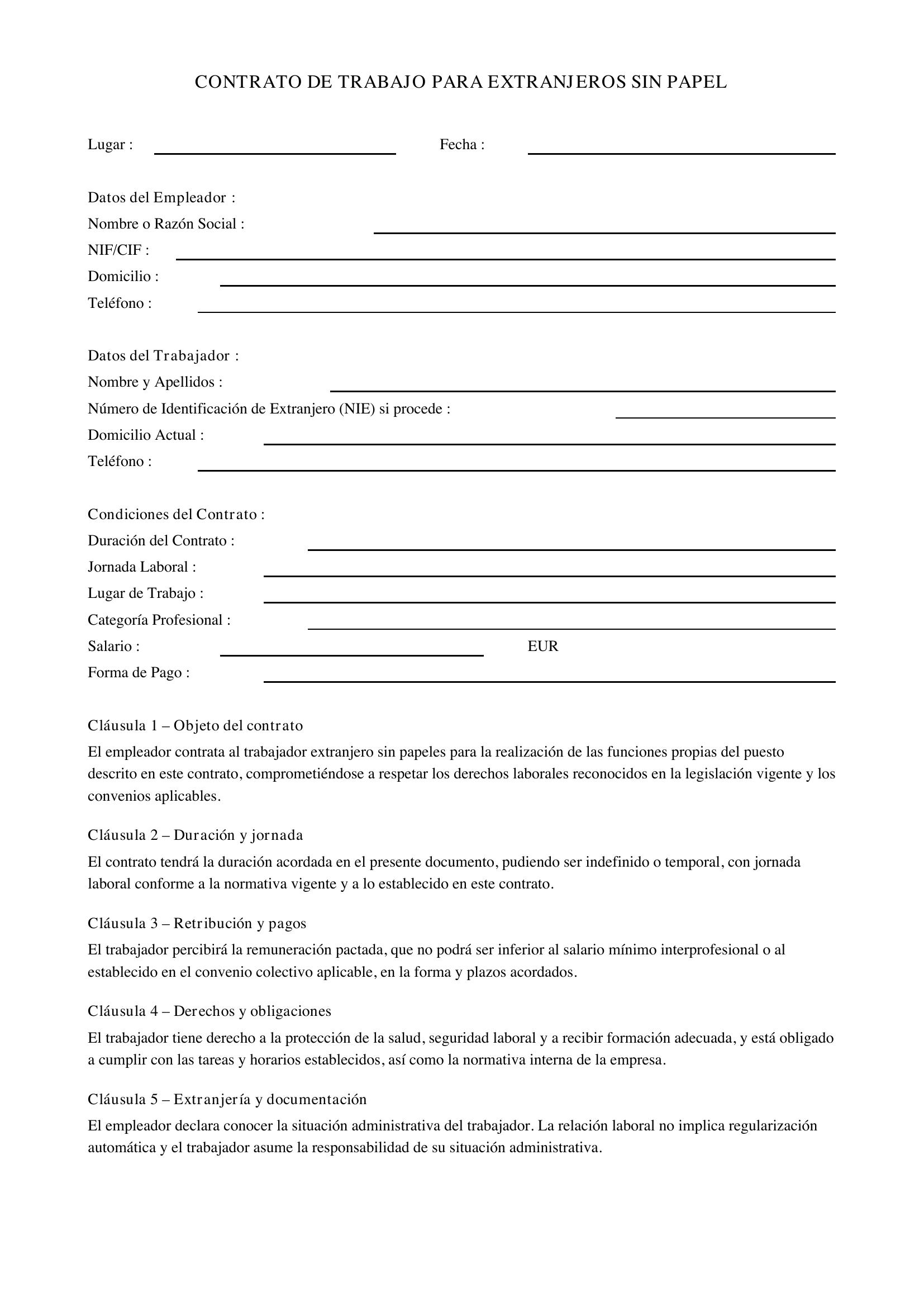 Modelo De Contrato De Trabajo Para Extranjeros Sin Papeles