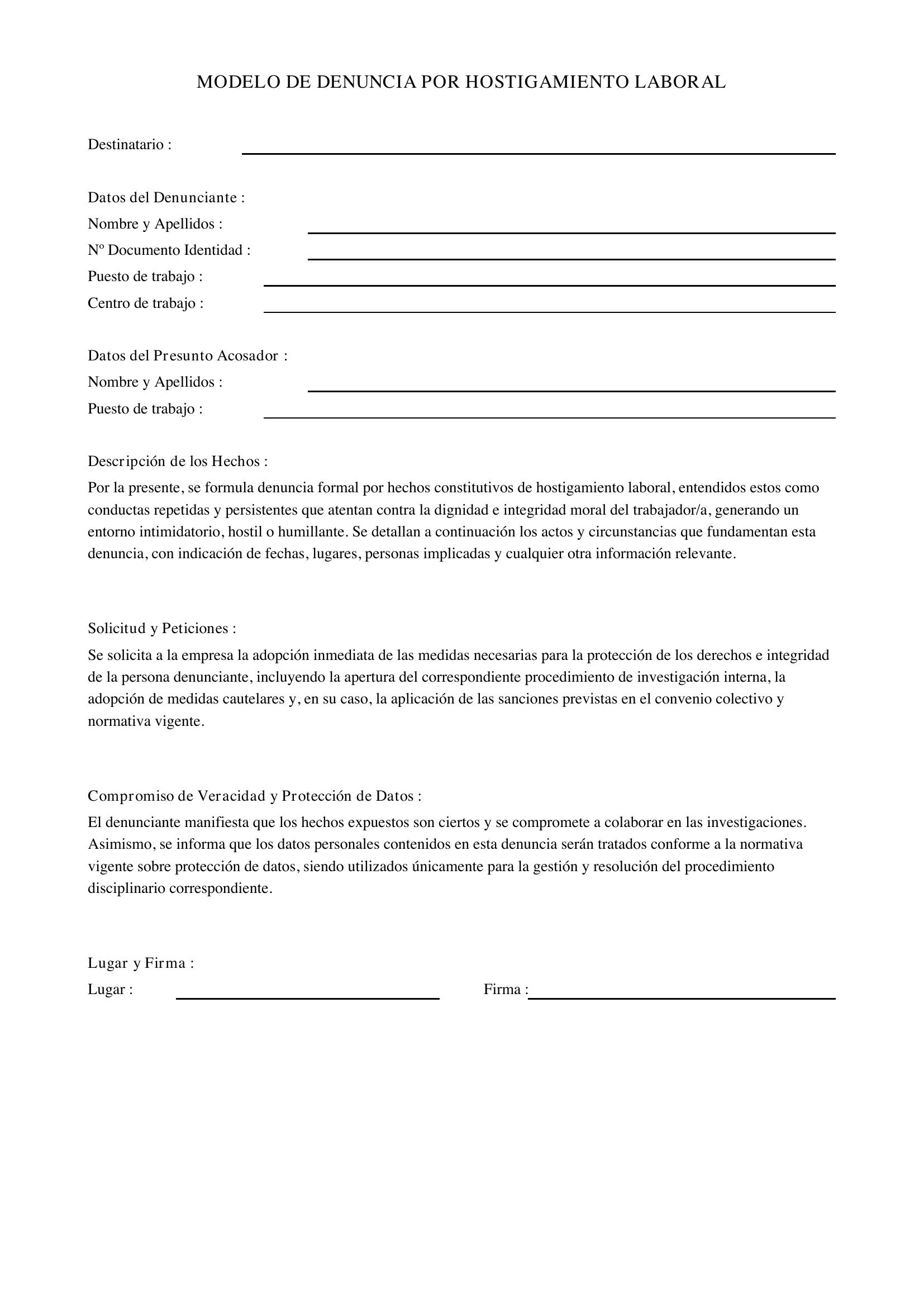 Modelo De Denuncia Por Hostigamiento Laboral