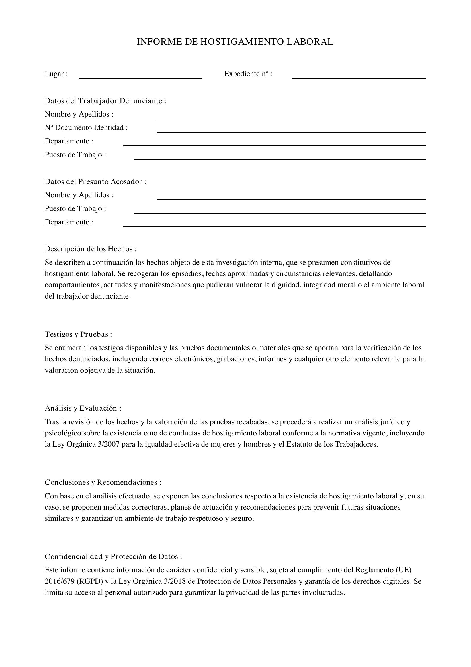 Modelo De Informe De Hostigamiento Laboral