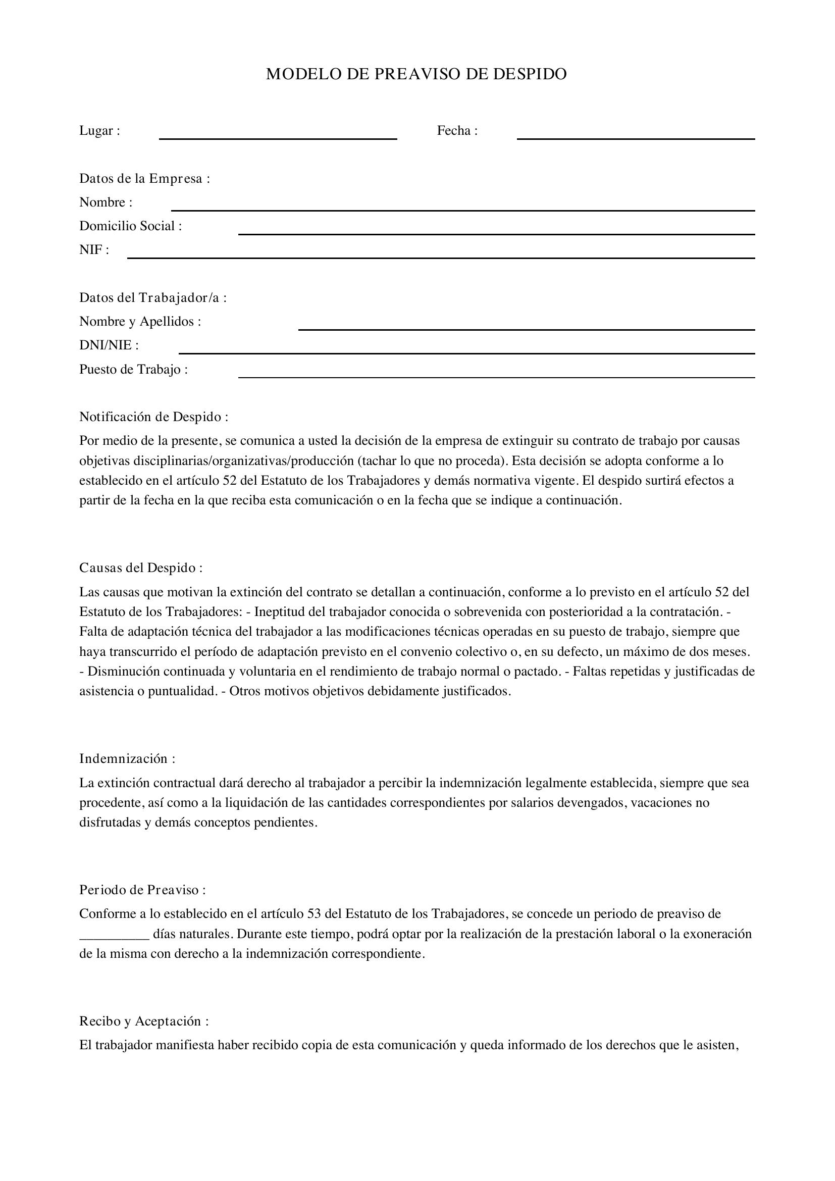 Modelo De Preaviso De Despido