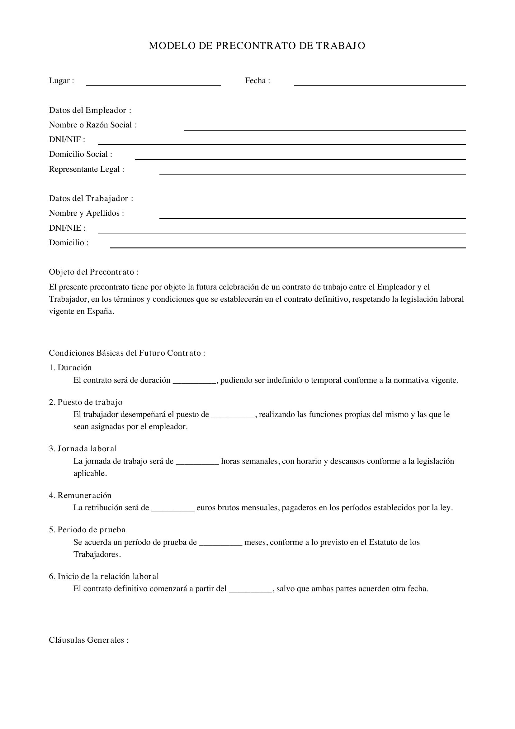 Modelo De Precontrato De Trabajo