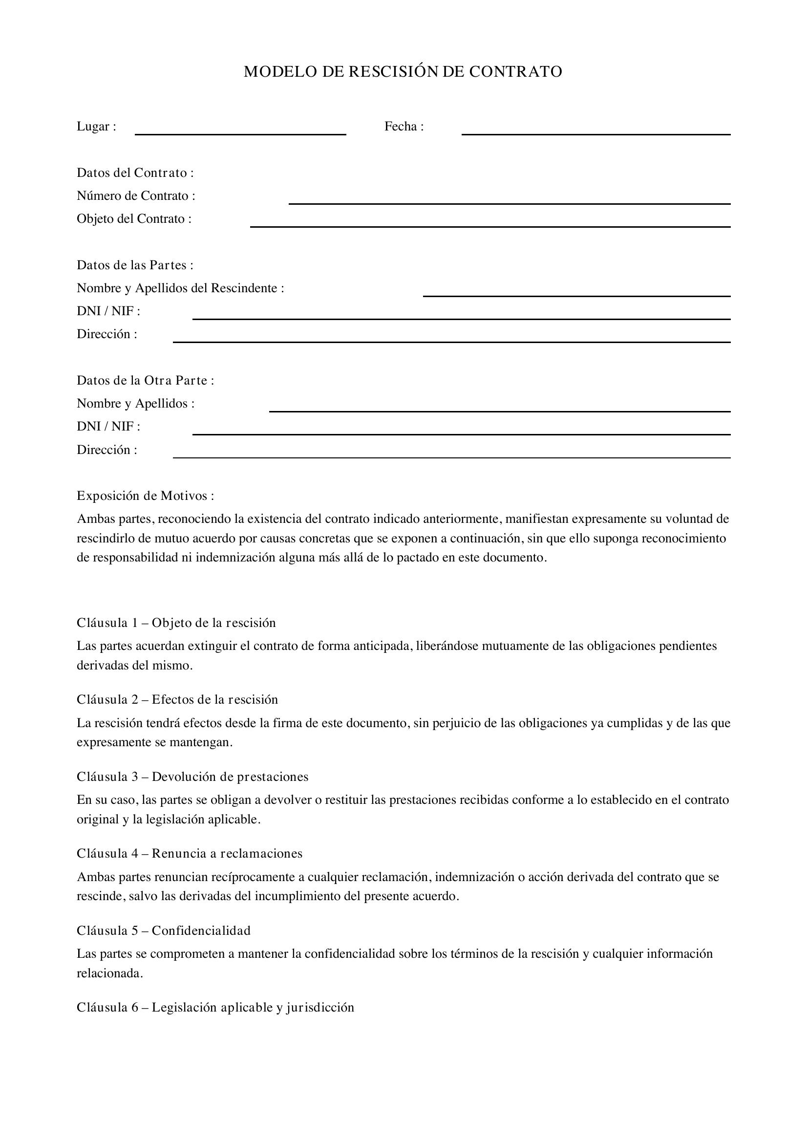 Modelo De Rescisión De Contrato