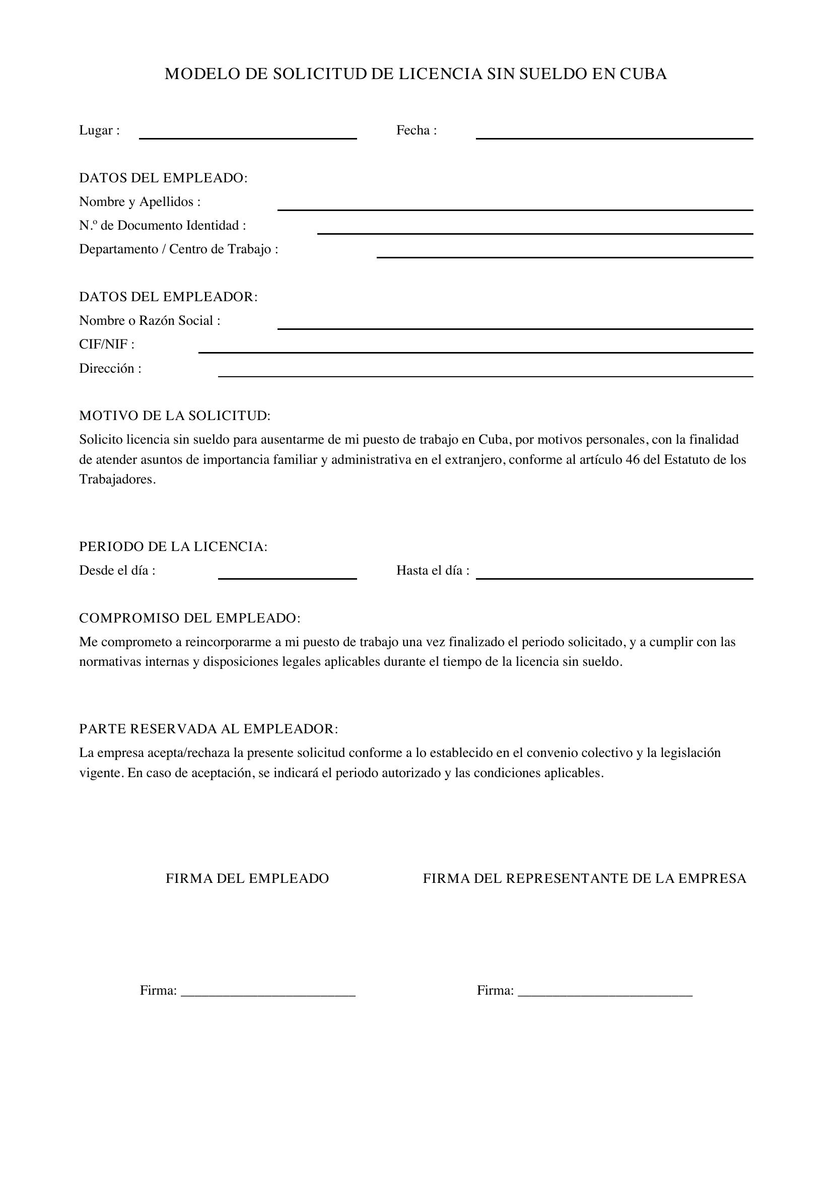 Modelo De Solicitud De Licencia Sin Sueldo En Cuba