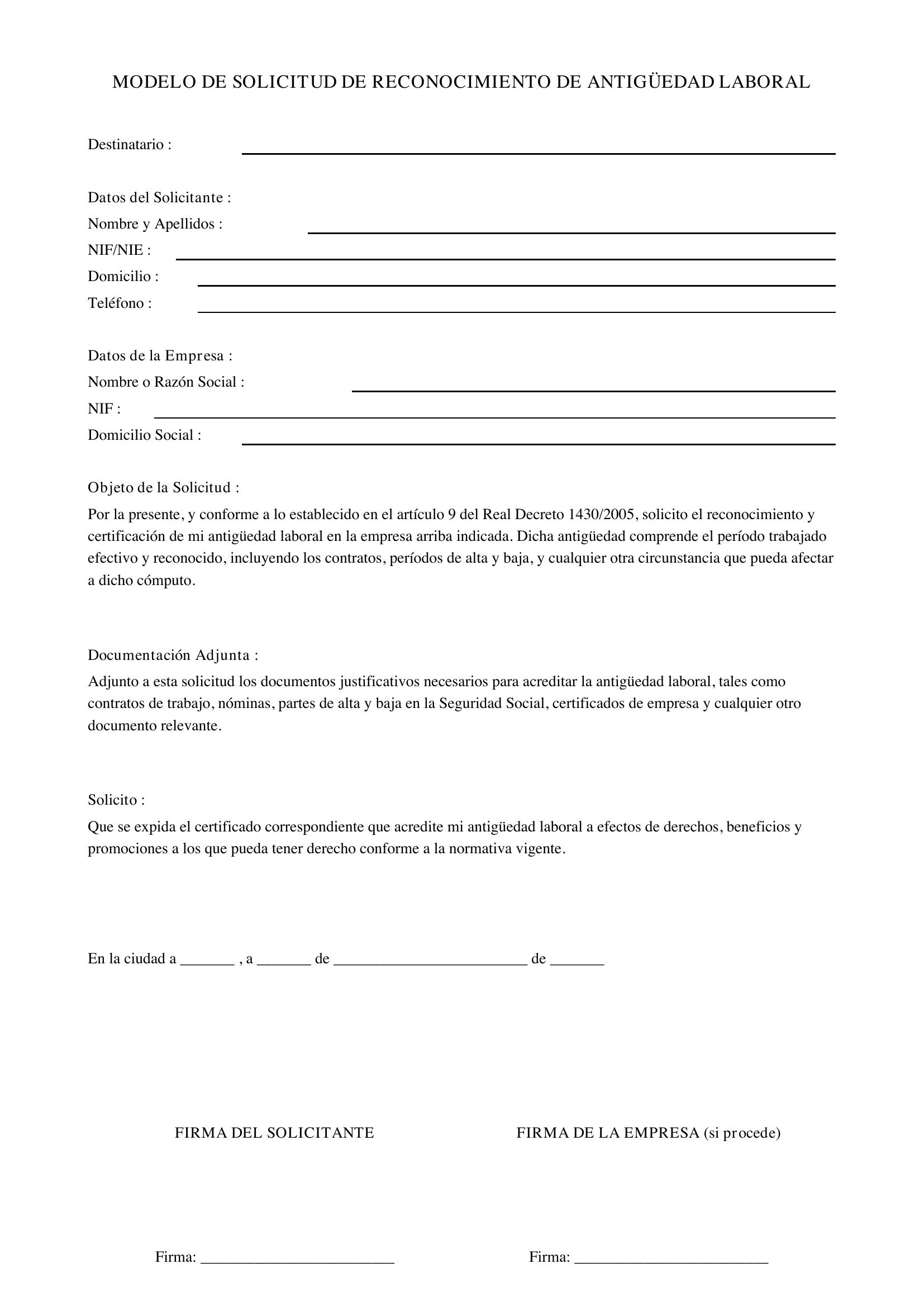 Modelo De Solicitud De Reconocimiento De Antigüedad Laboral