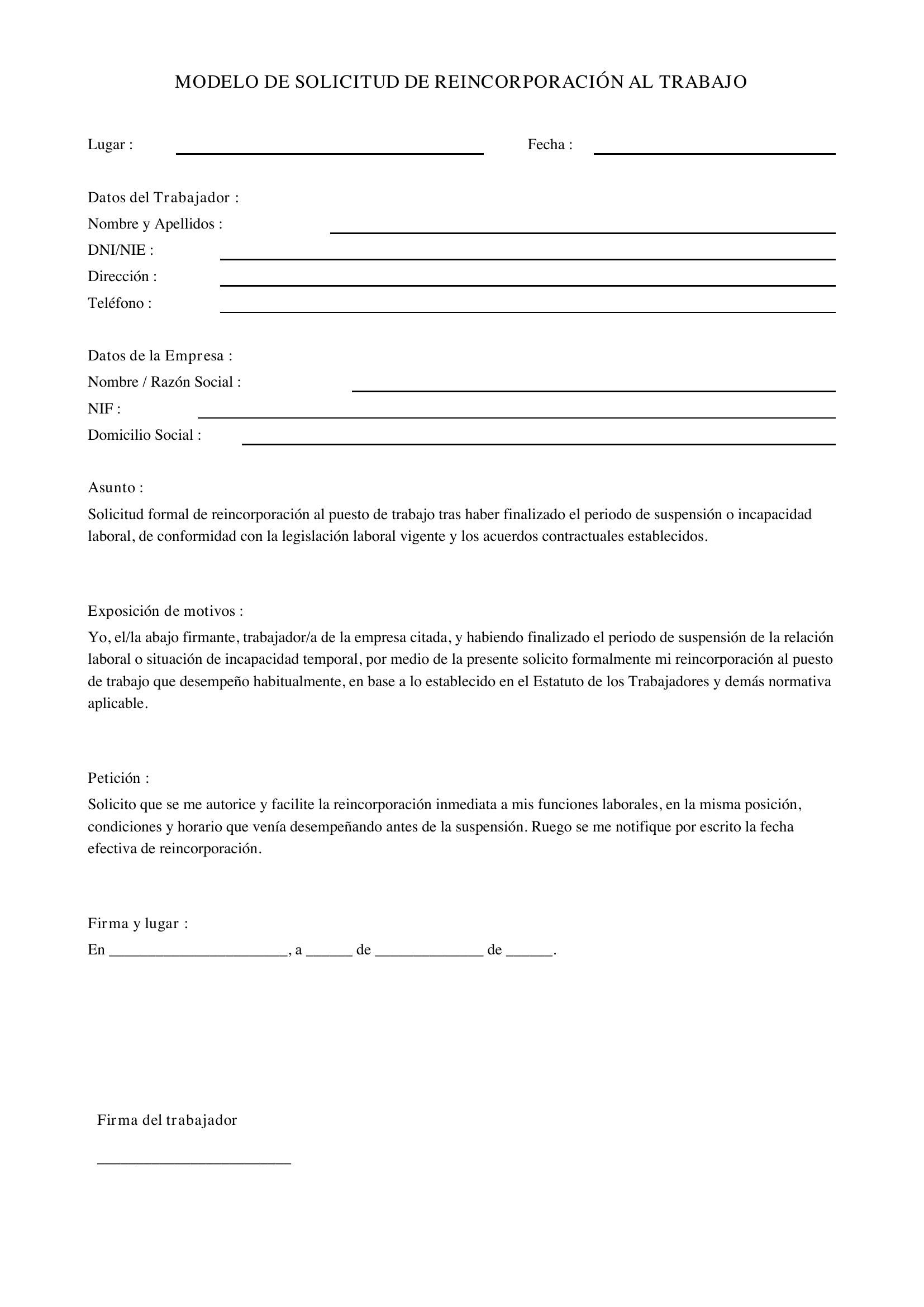 Modelo De Solicitud De Reincorporación Al Trabajo