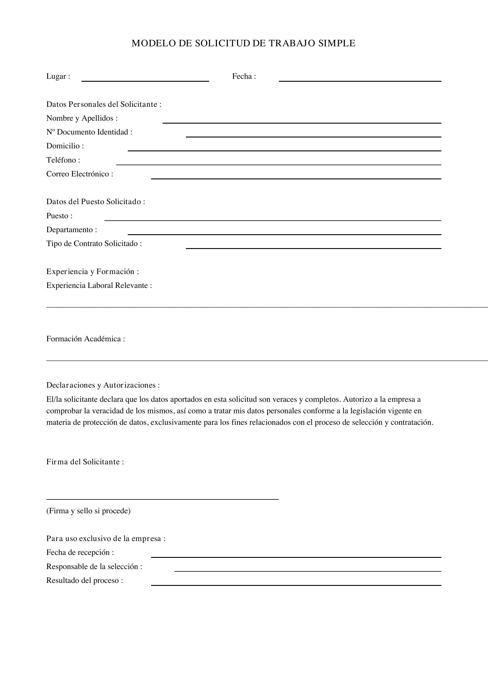 Modelo De Solicitud De Trabajo Simple