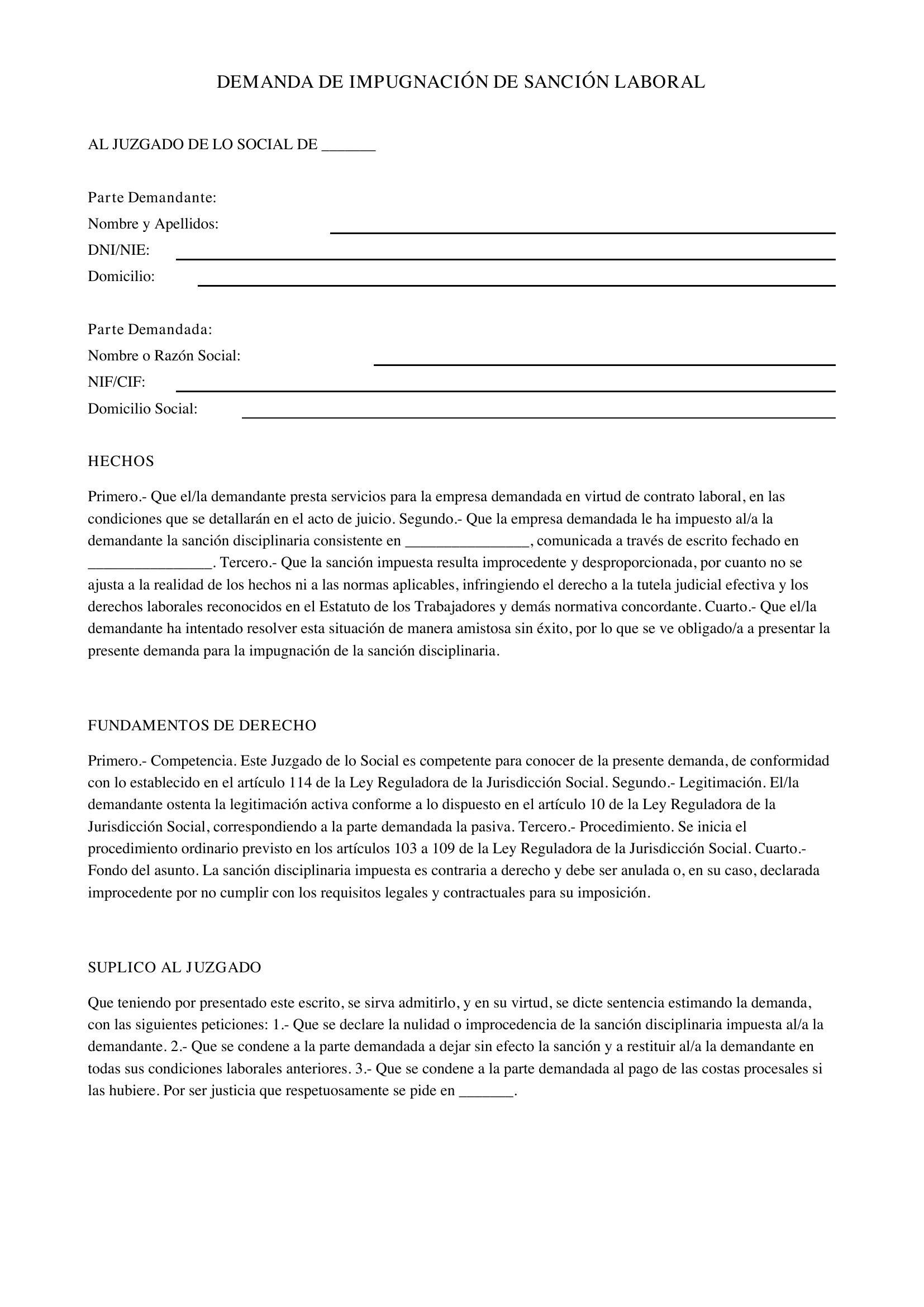 Modelo Demanda Impugnación Sanción Laboral