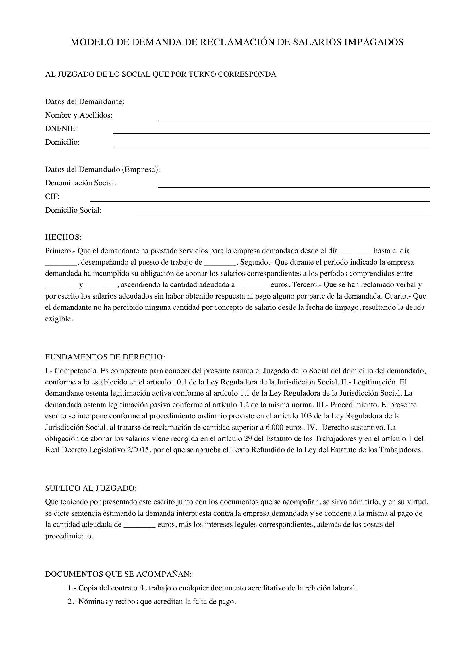 Modelo Demanda Reclamación Salarios Impagados
