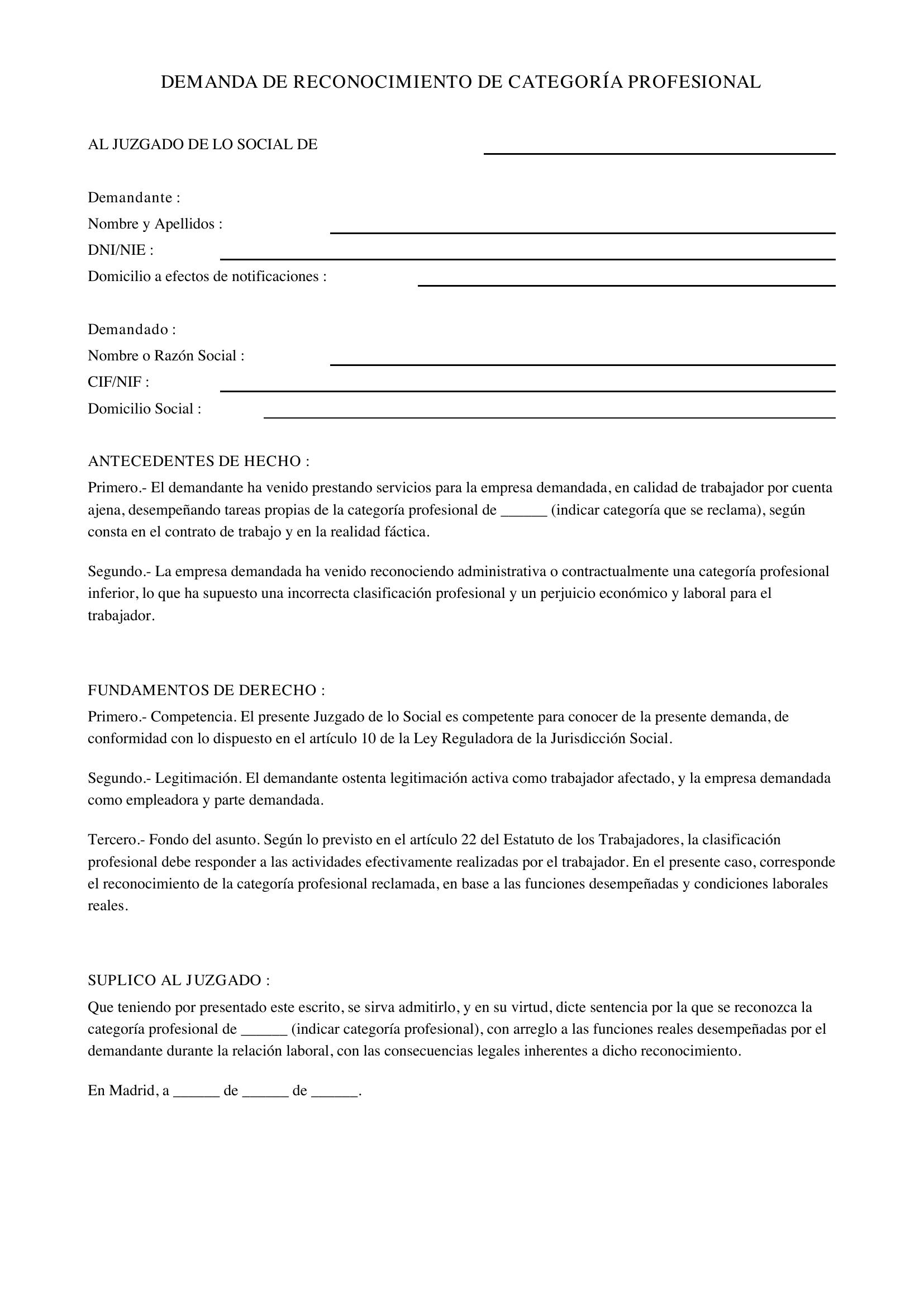 Modelo Demanda Reconocimiento Categoría Profesional
