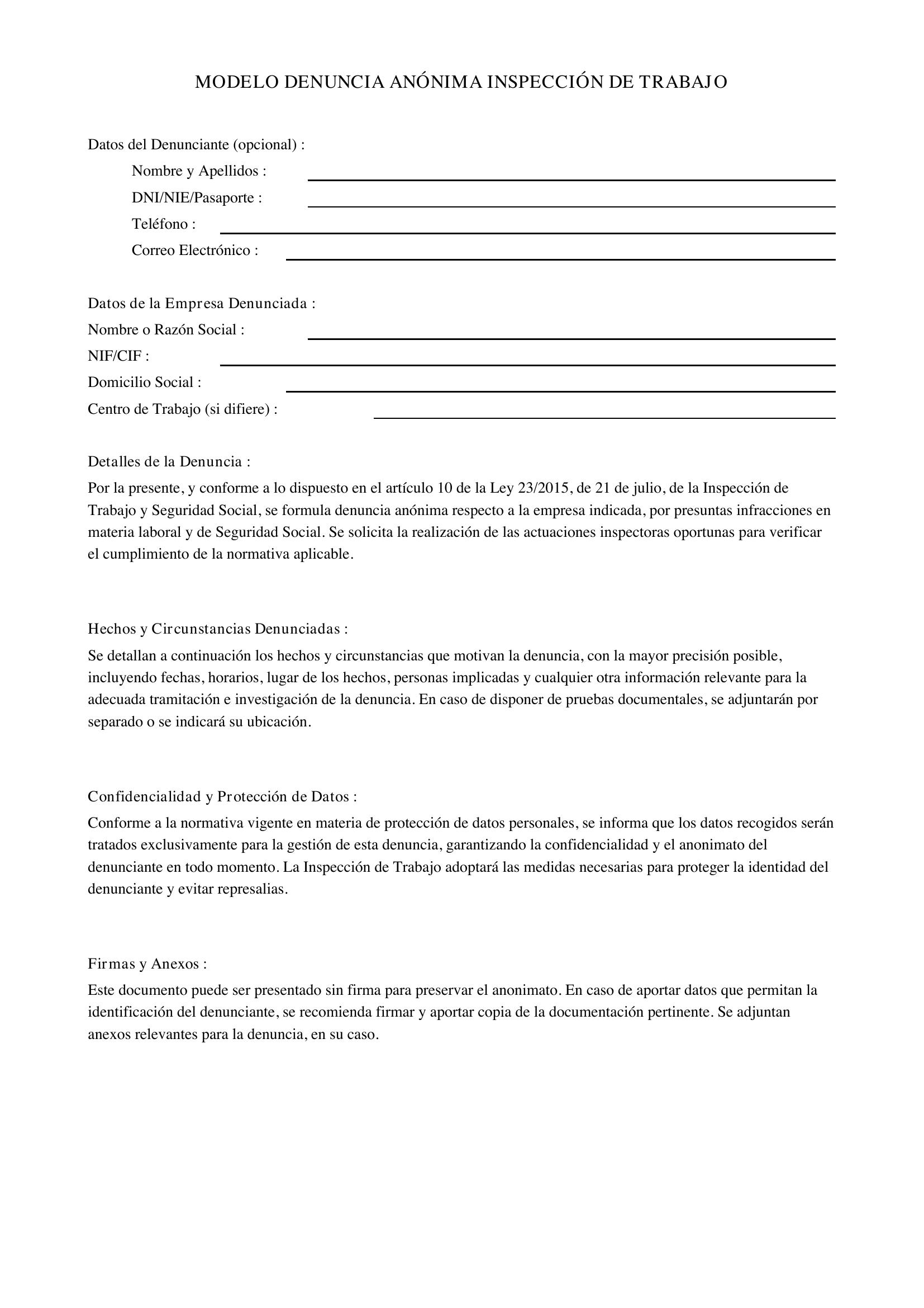 Modelo Denuncia Anónima Inspección De Trabajo