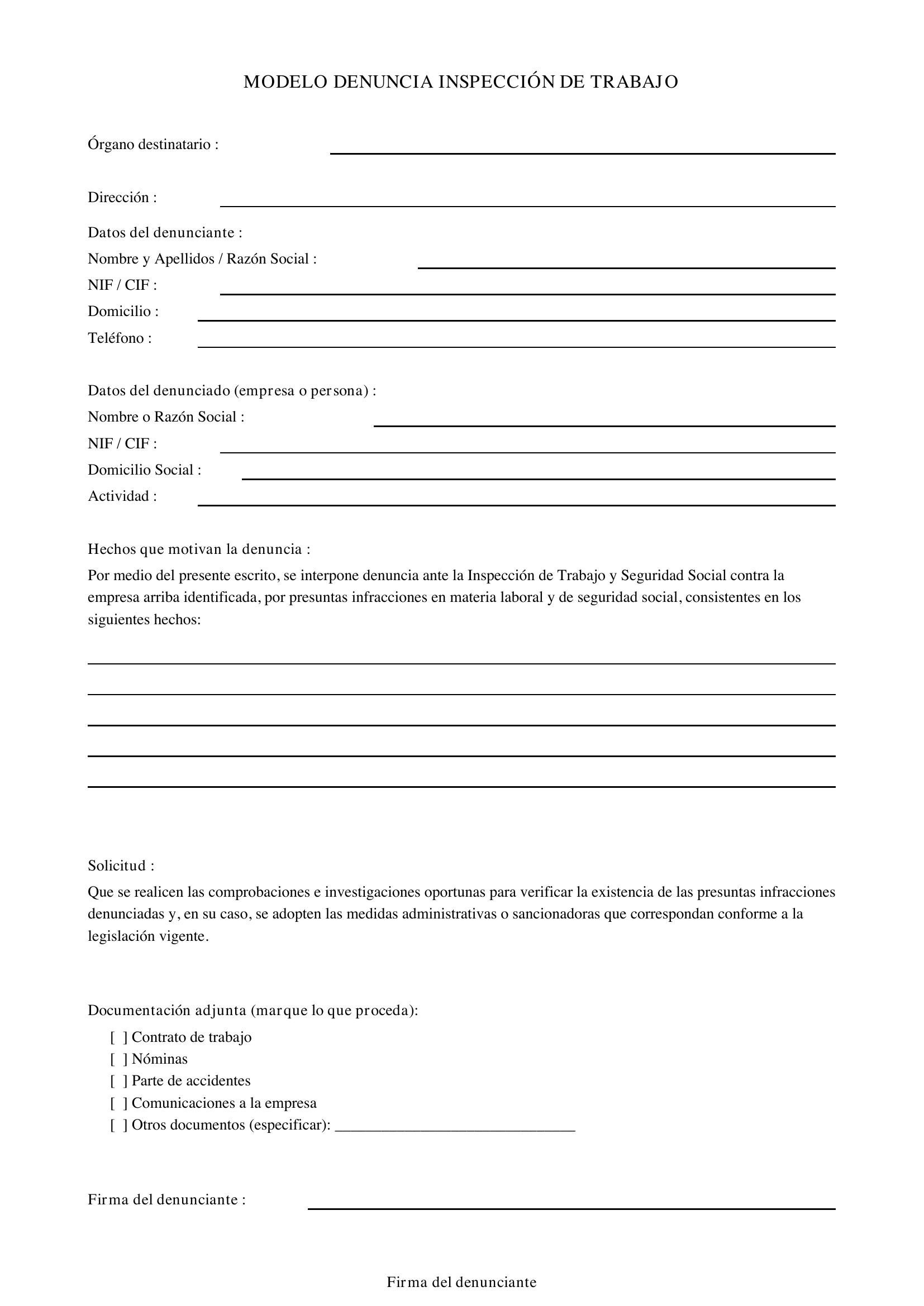 Modelo Denuncia Inspección De Trabajo