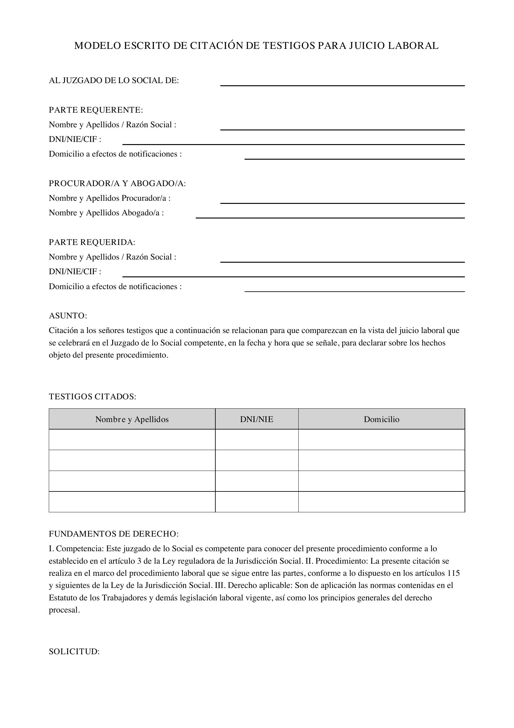 Modelo Escrito Citación Testigos Juicio Laboral