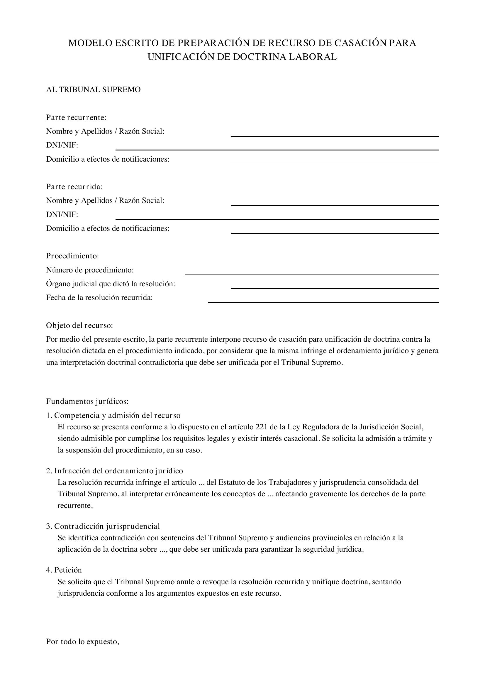 Modelo Escrito Preparación Recurso Casación Unificación Doctrina Laboral