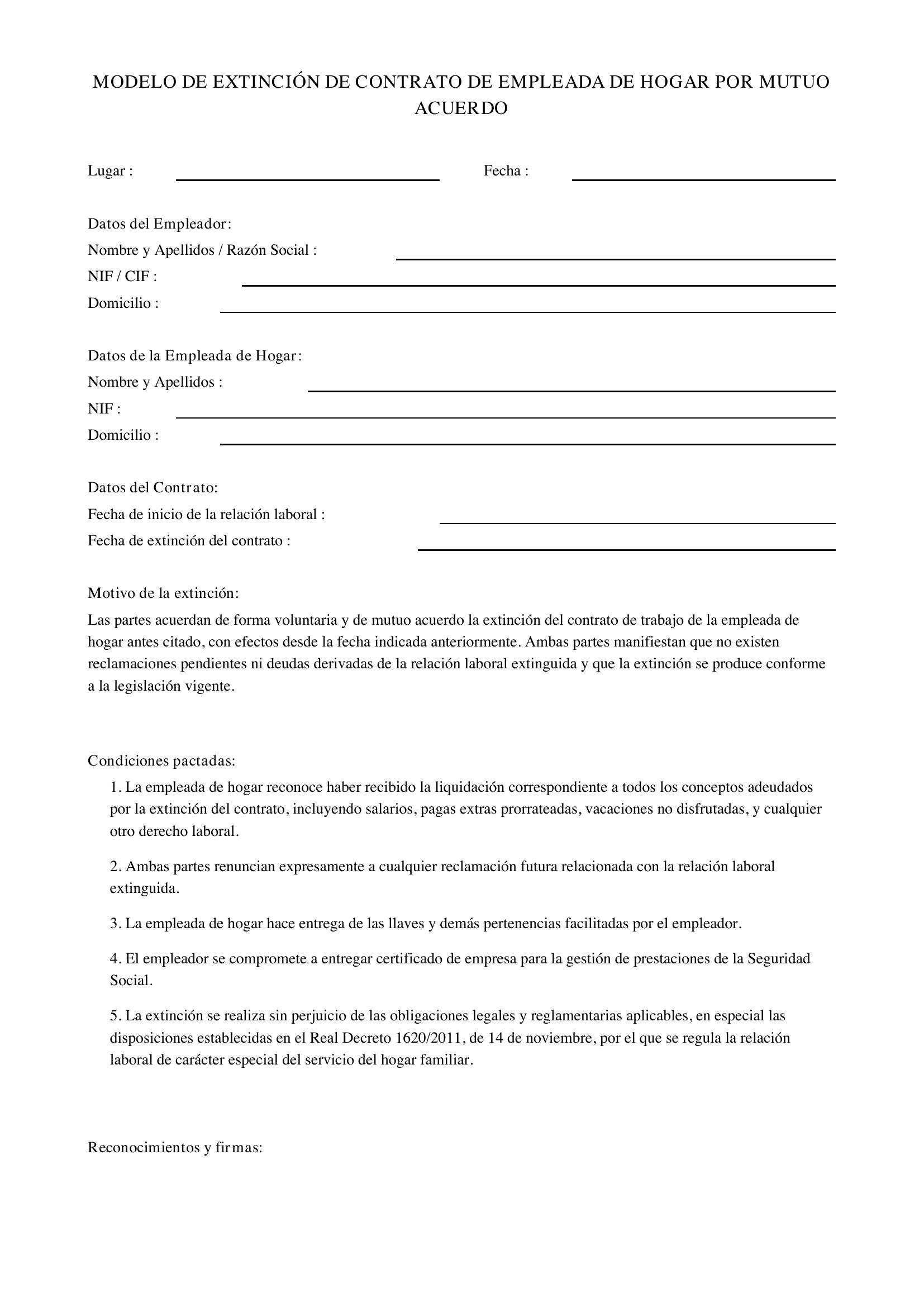 Modelo Extinción Contrato Empleada Hogar Mutuo Acuerdo