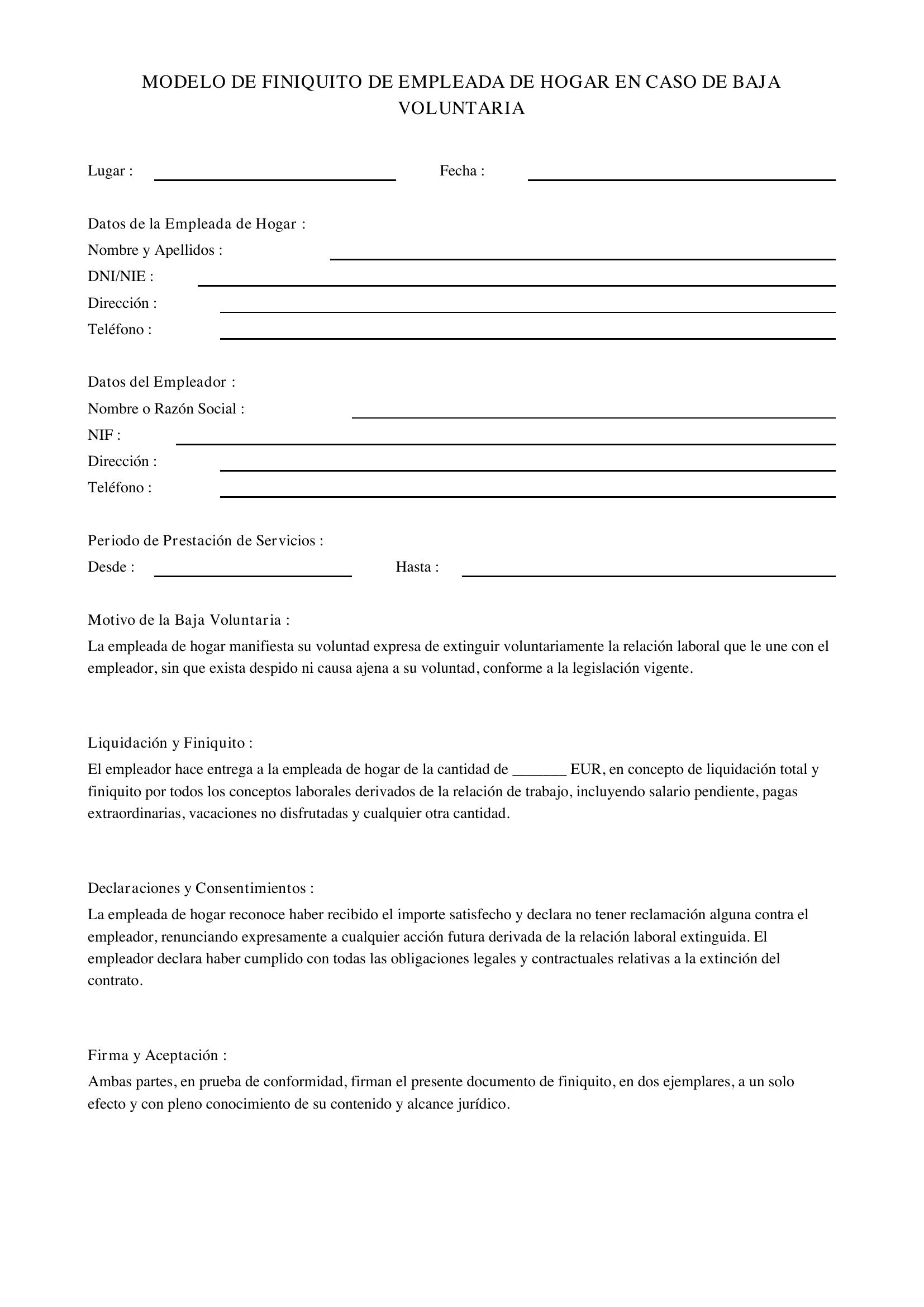 Modelo Finiquito Empleada Hogar Baja Voluntaria