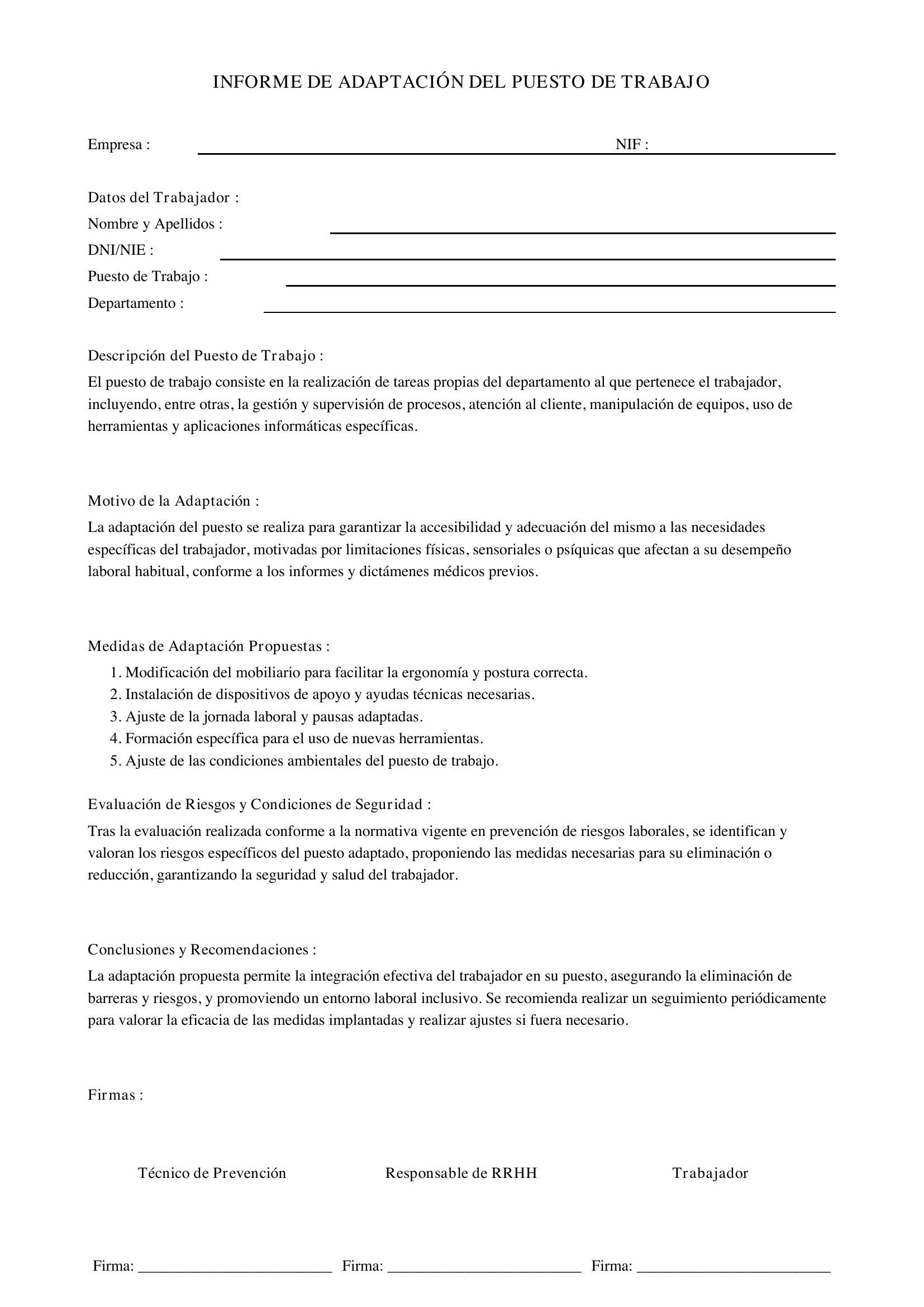 Modelo Informe Adaptación Puesto De Trabajo
