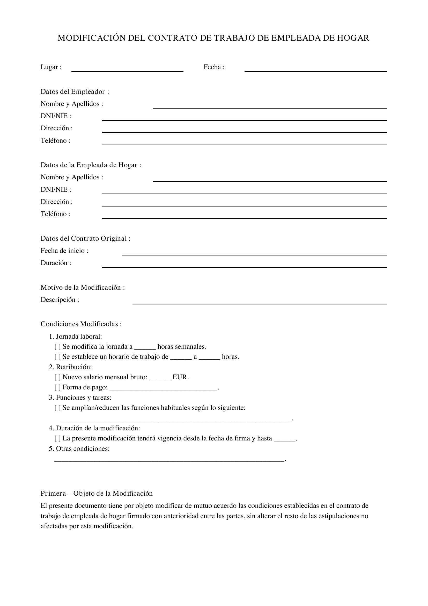 Modelo Modificación Contrato Empleada Hogar
