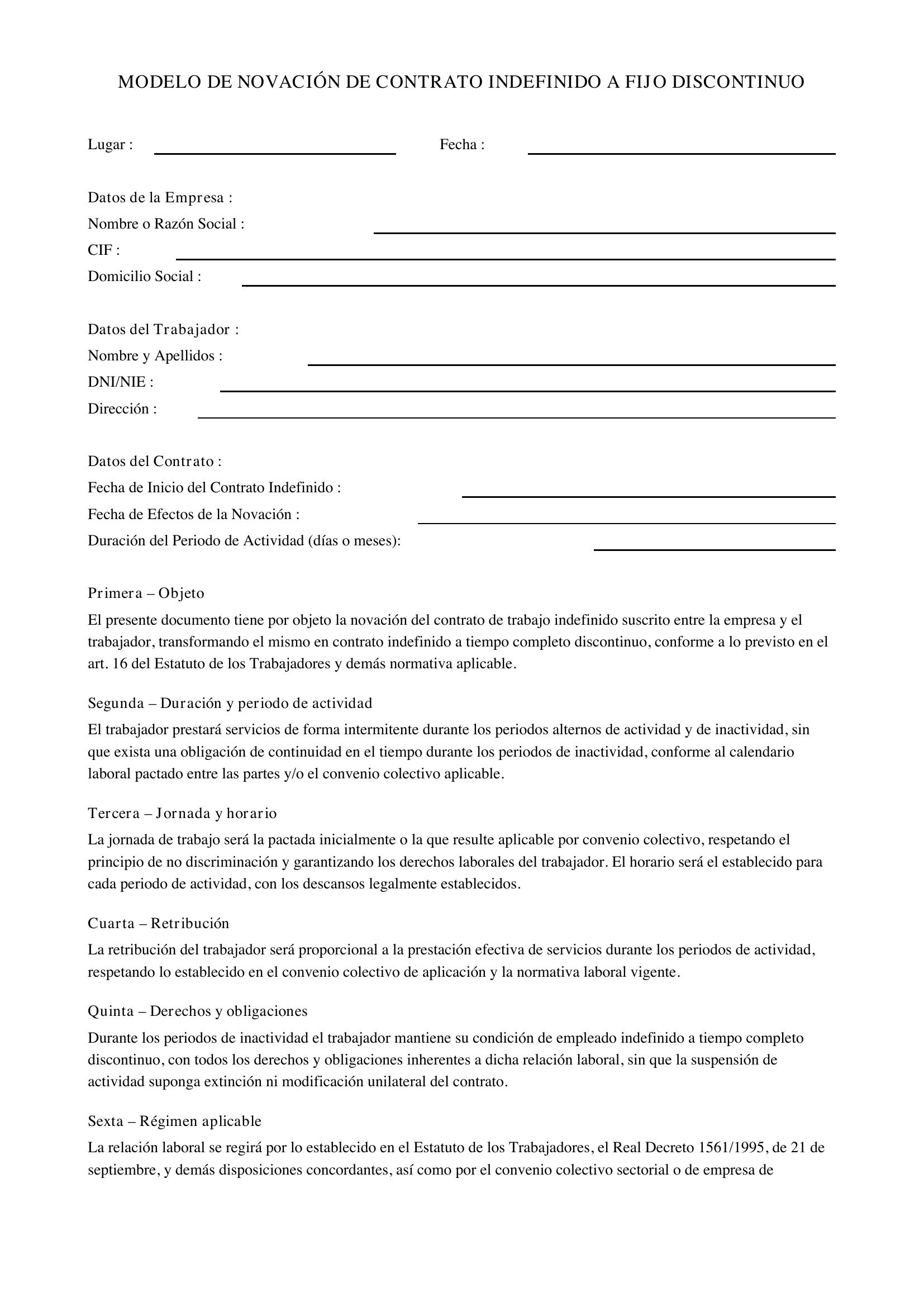 Modelo Novación Contrato Indefinido A Fijo Discontinuo