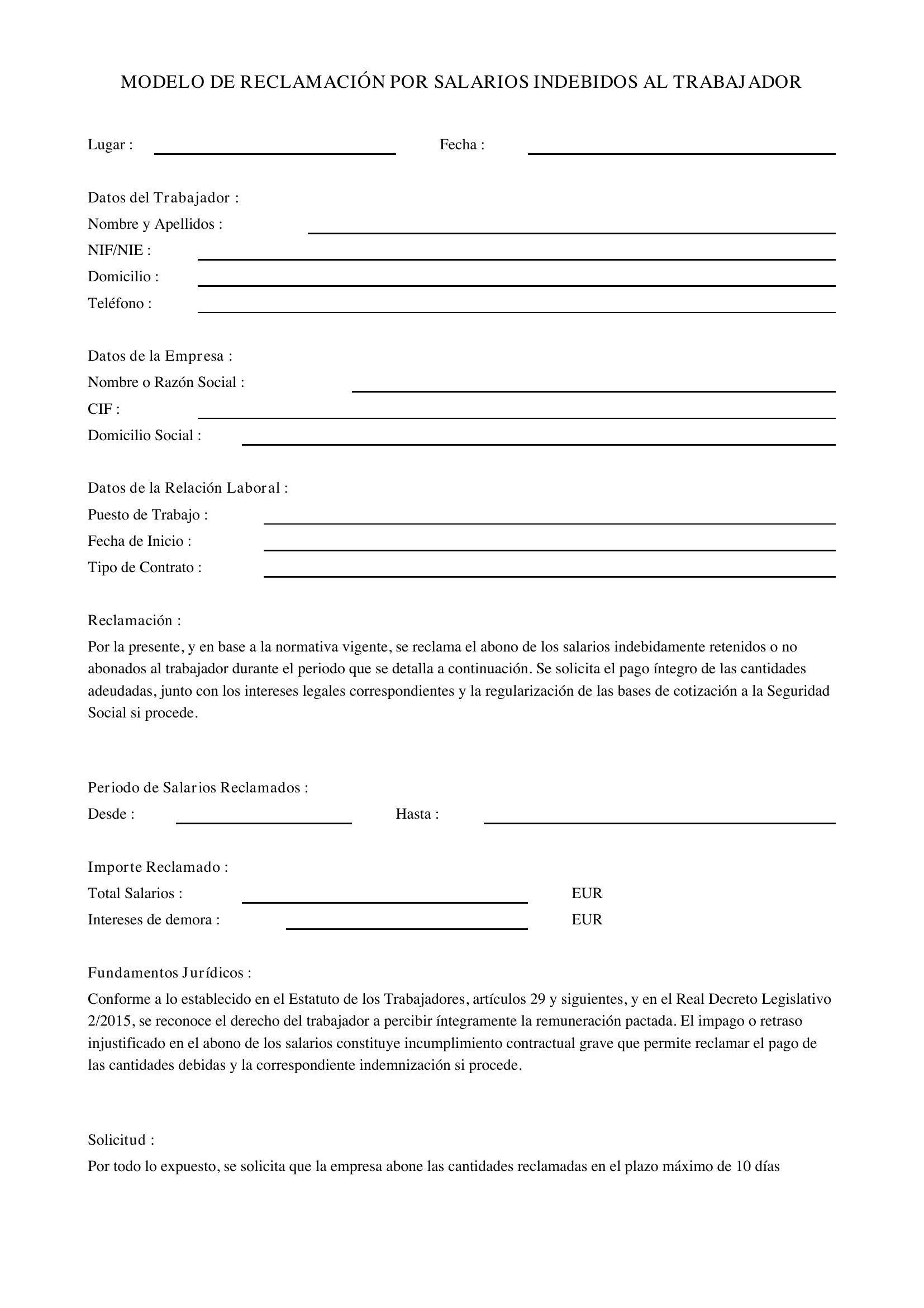 Modelo Reclamación Salarios Indebidos Al Trabajador