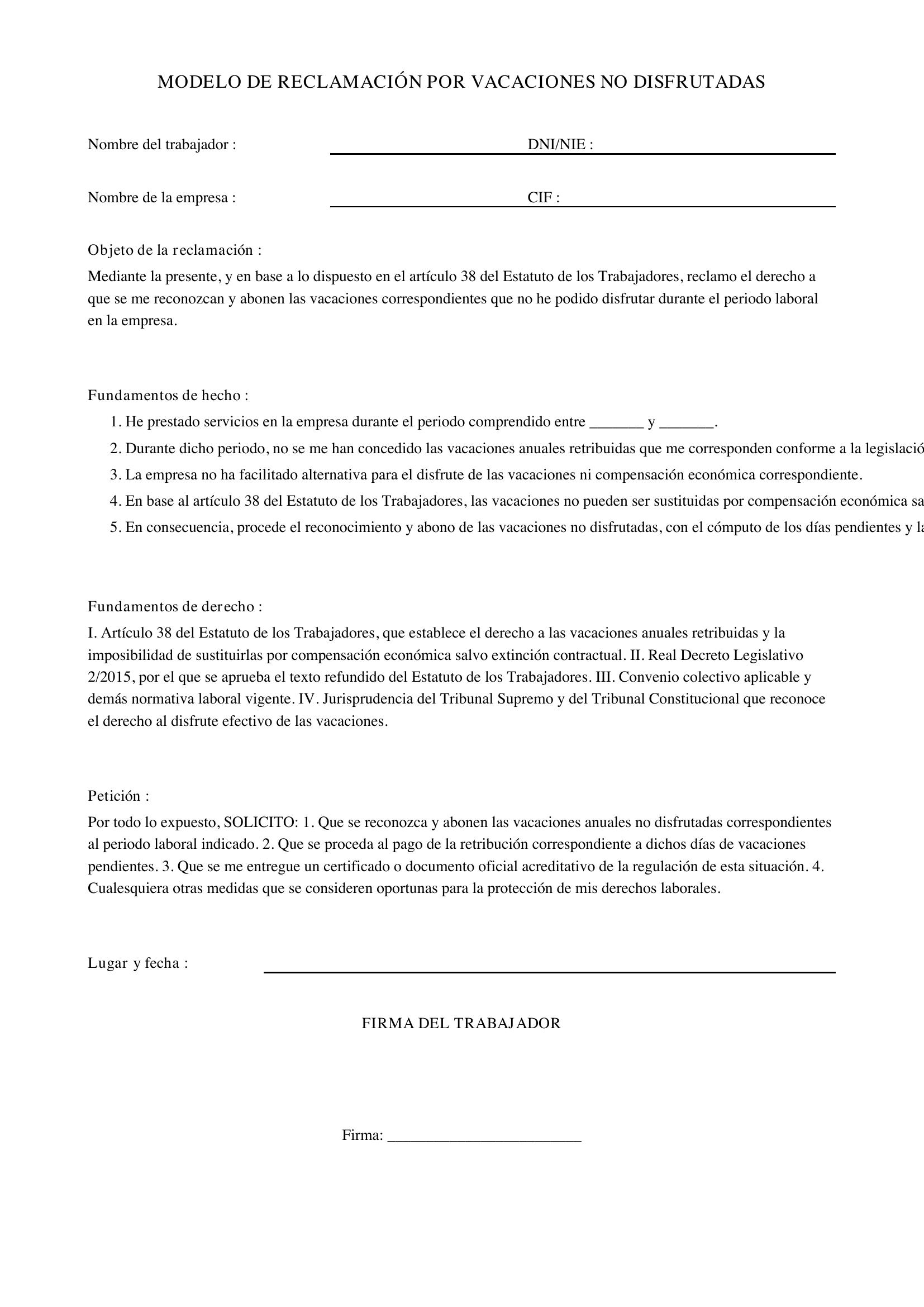 Modelo Reclamación Vacaciones No Disfrutadas