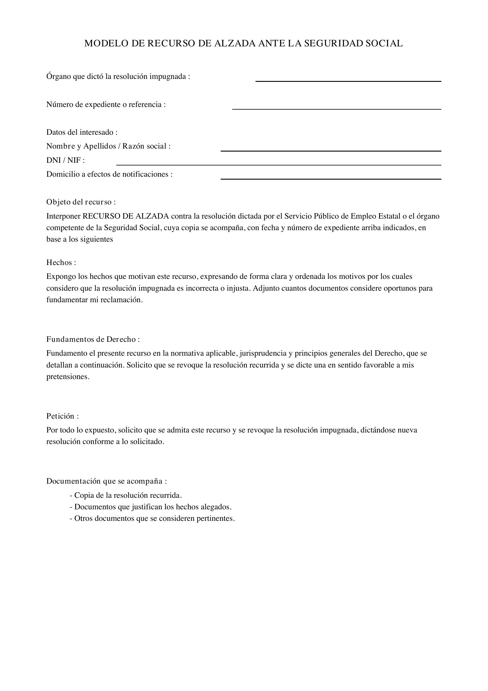 Modelo Recurso De Alzada Seguridad Social