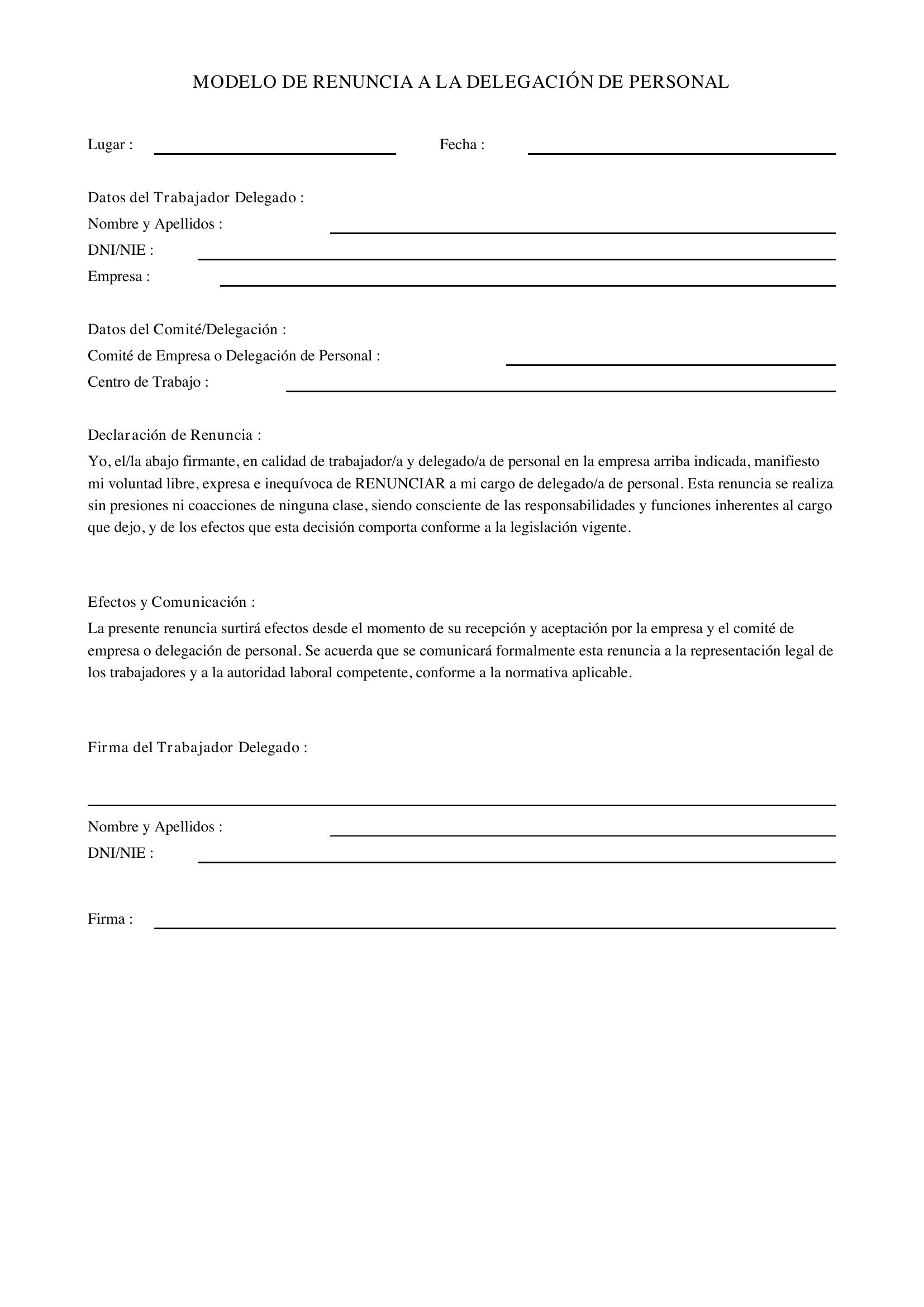 Modelo Renuncia Delegado De Personal