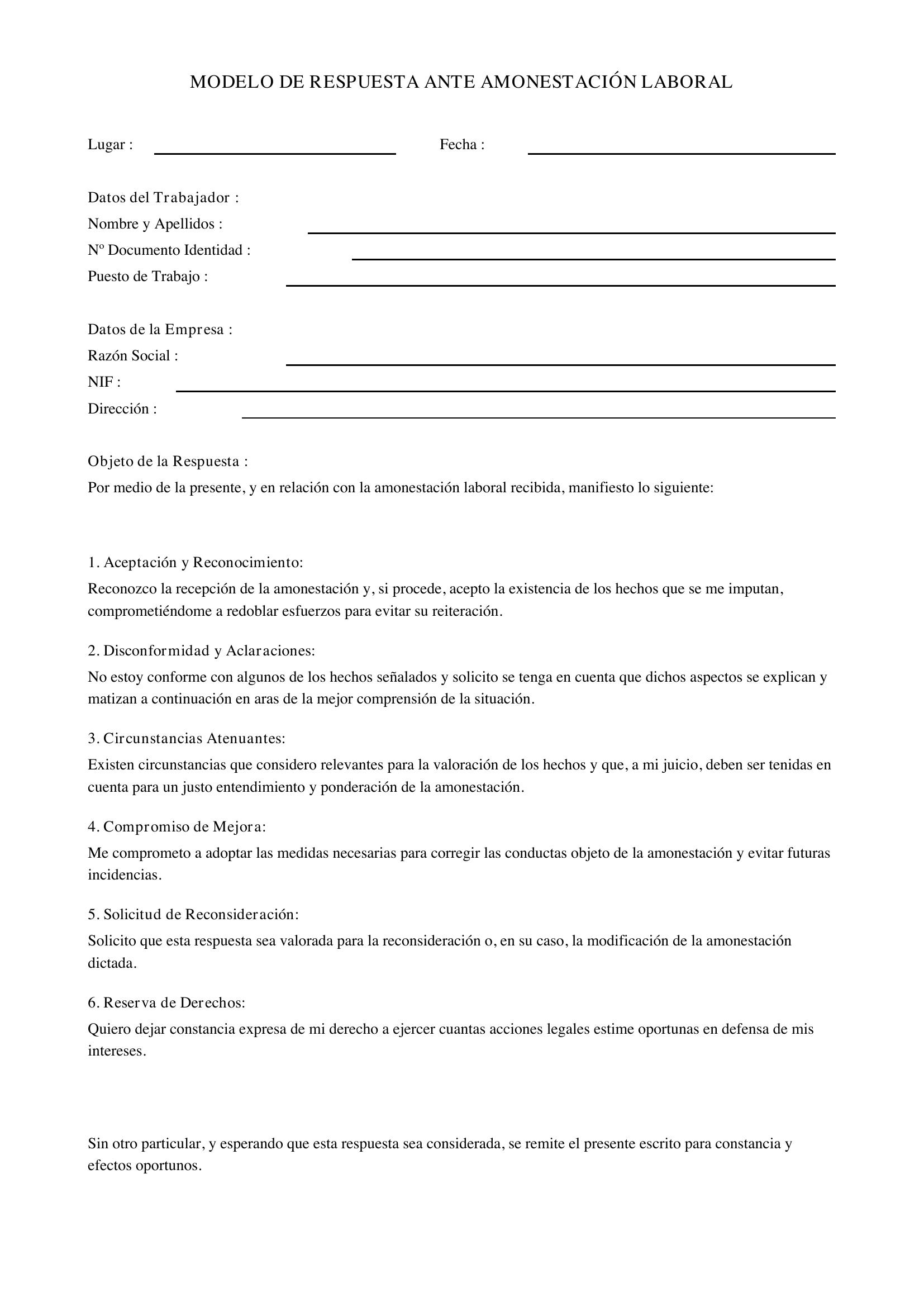 Modelo Respuesta Ante Amonestación Laboral