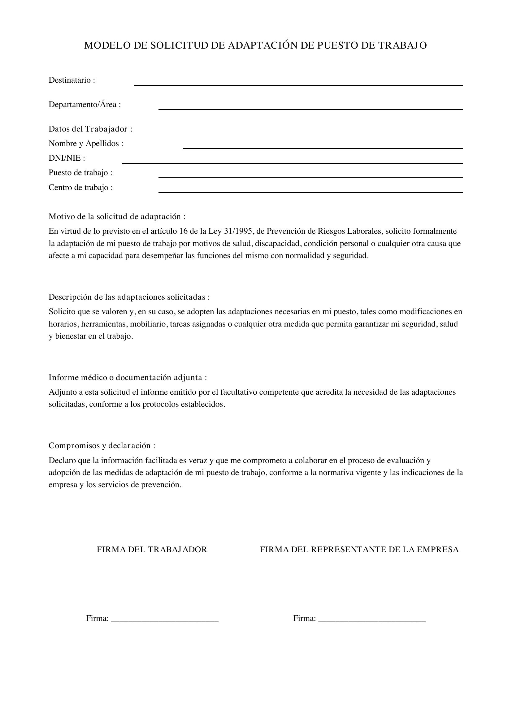 Modelo Solicitud Adaptación Puesto De Trabajo