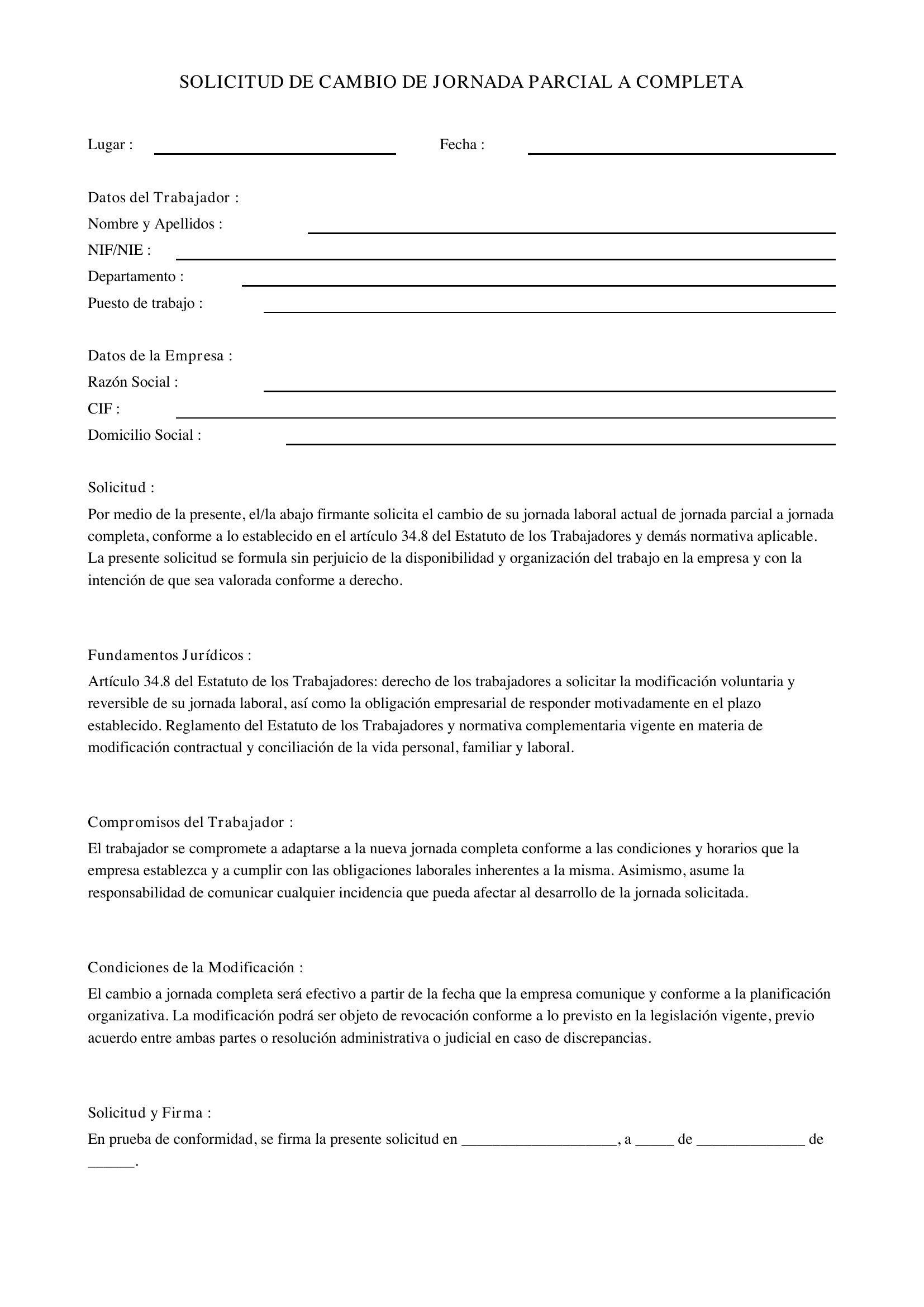 Modelo Solicitud De Cambio De Jornada Parcial A Completa