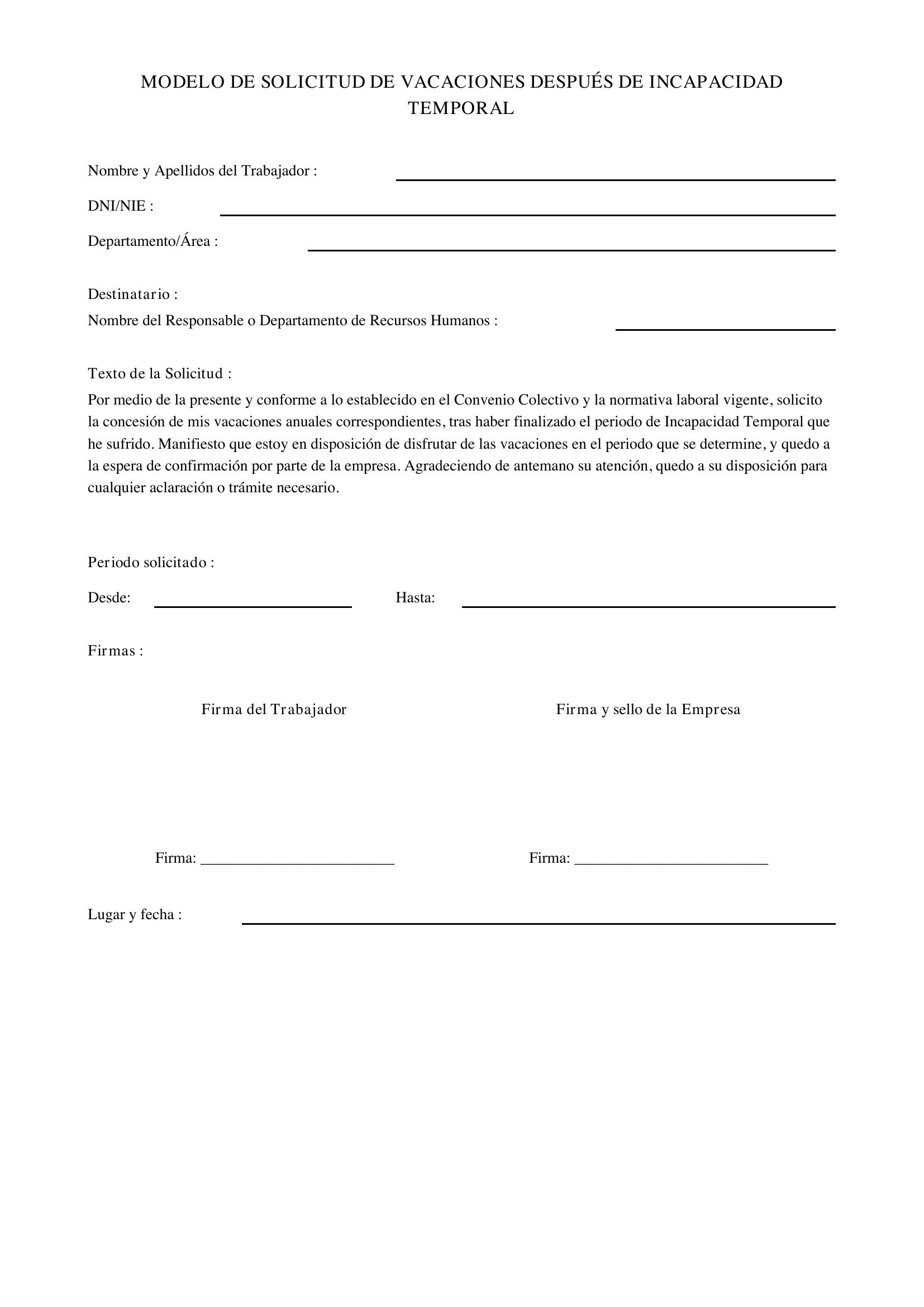 Modelo Solicitud De Vacaciones Después De Incapacidad Temporal