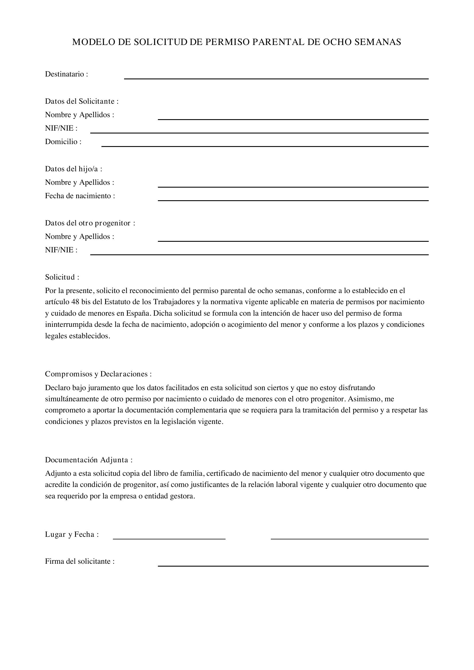 Modelo Solicitud Permiso Parental 8 Semanas