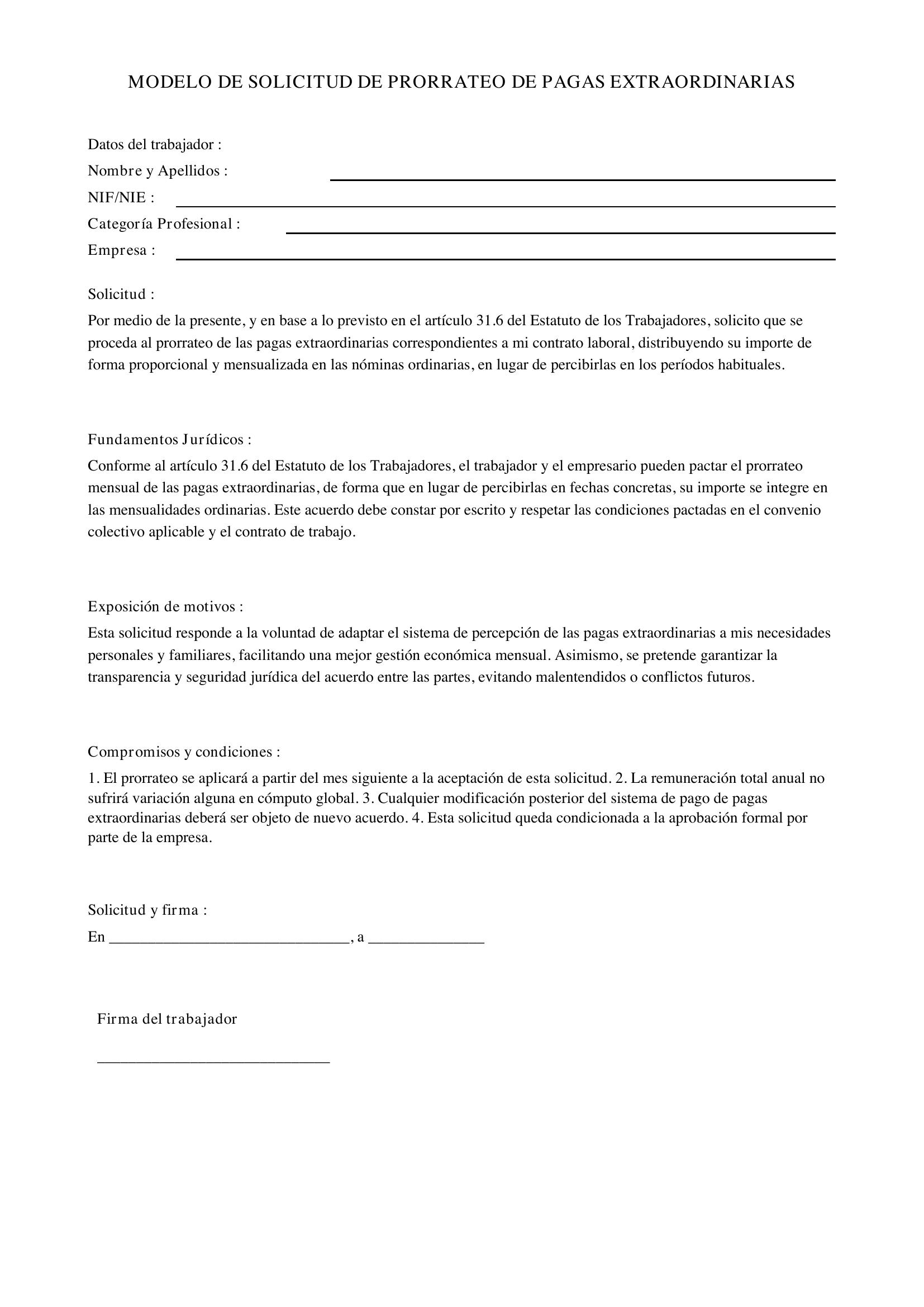Modelo Solicitud Prorrateo Pagas Extras