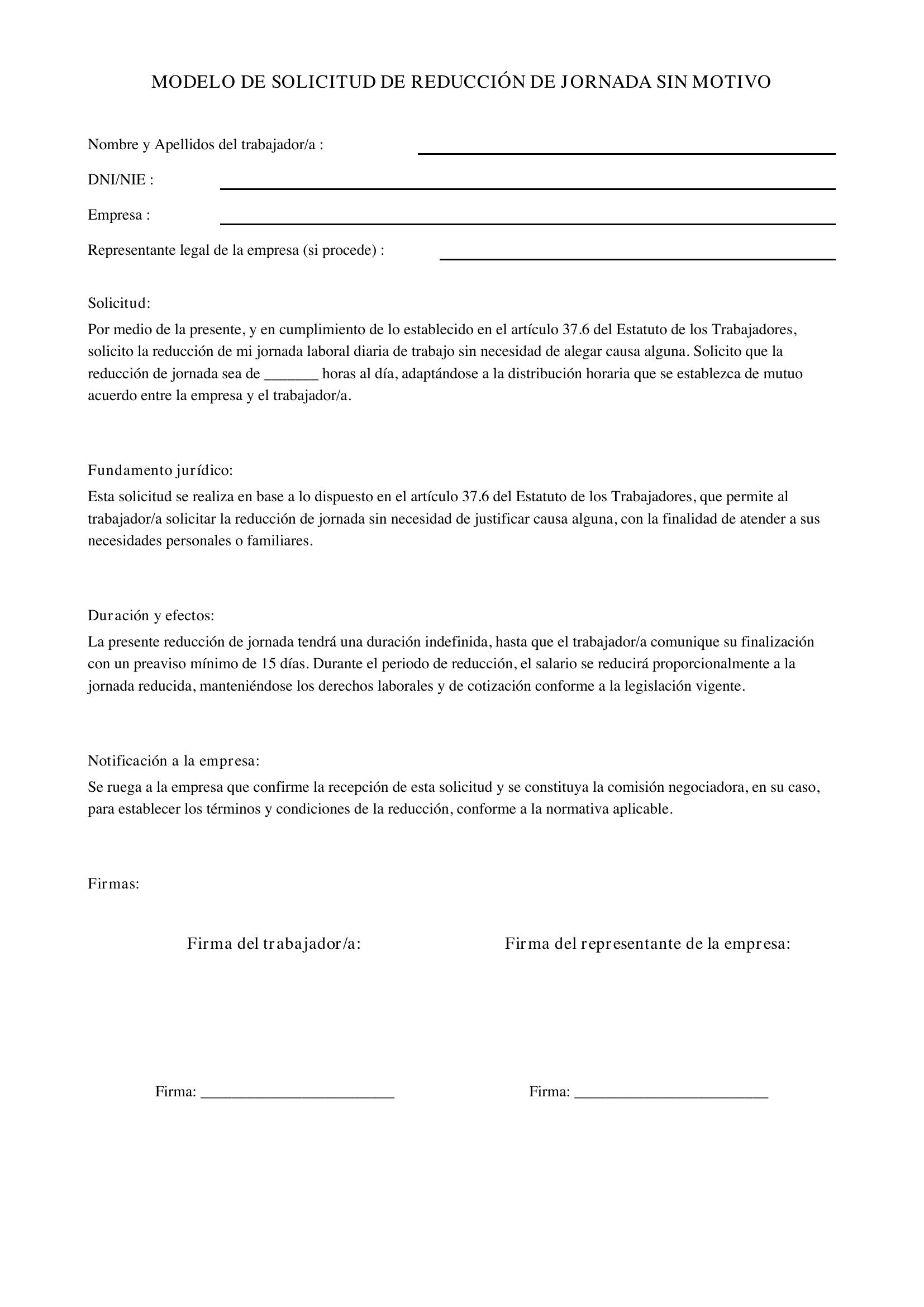 Modelo Solicitud Reducción De Jornada Sin Motivo