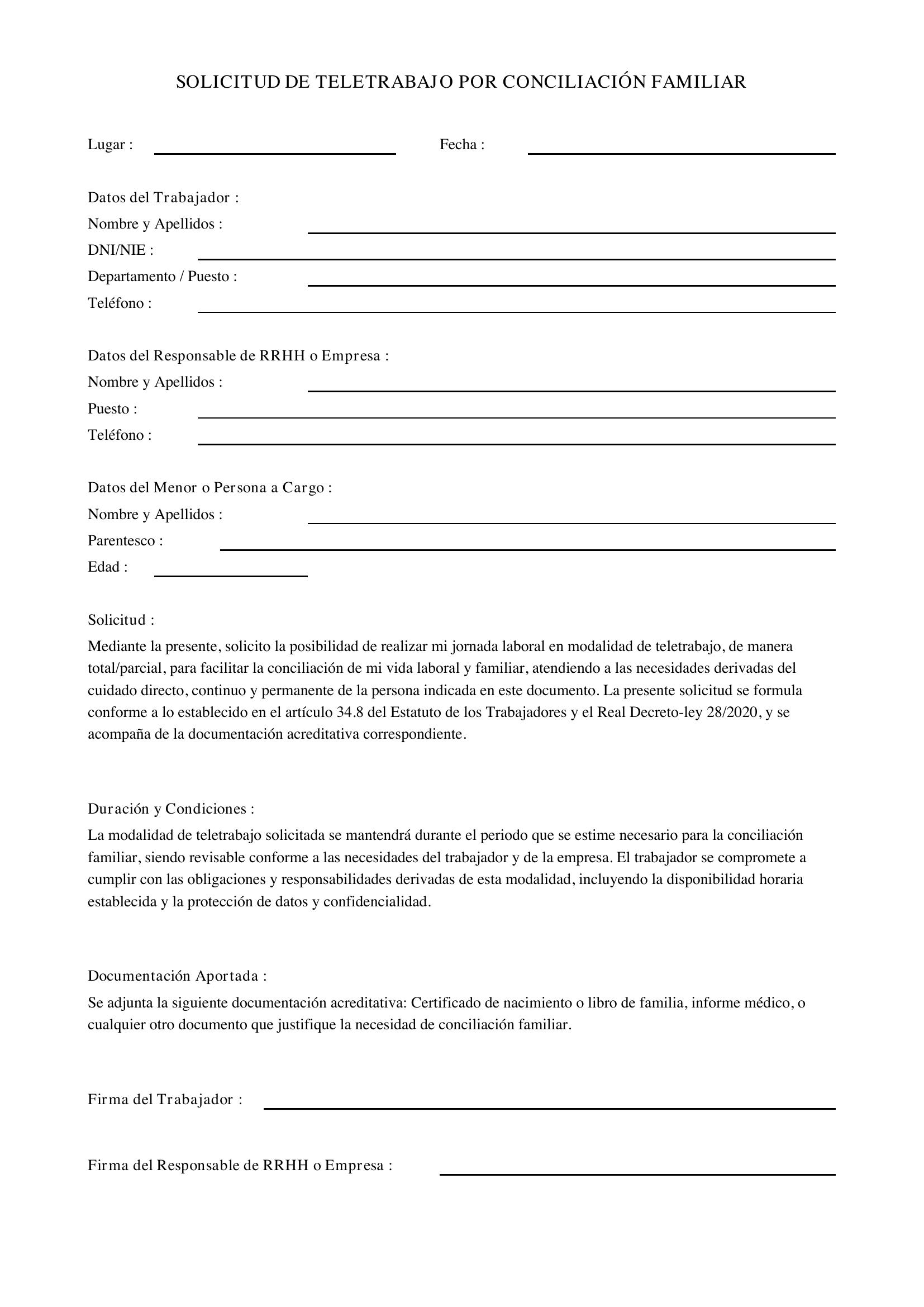 Modelo Solicitud Teletrabajo Por Conciliación Familiar