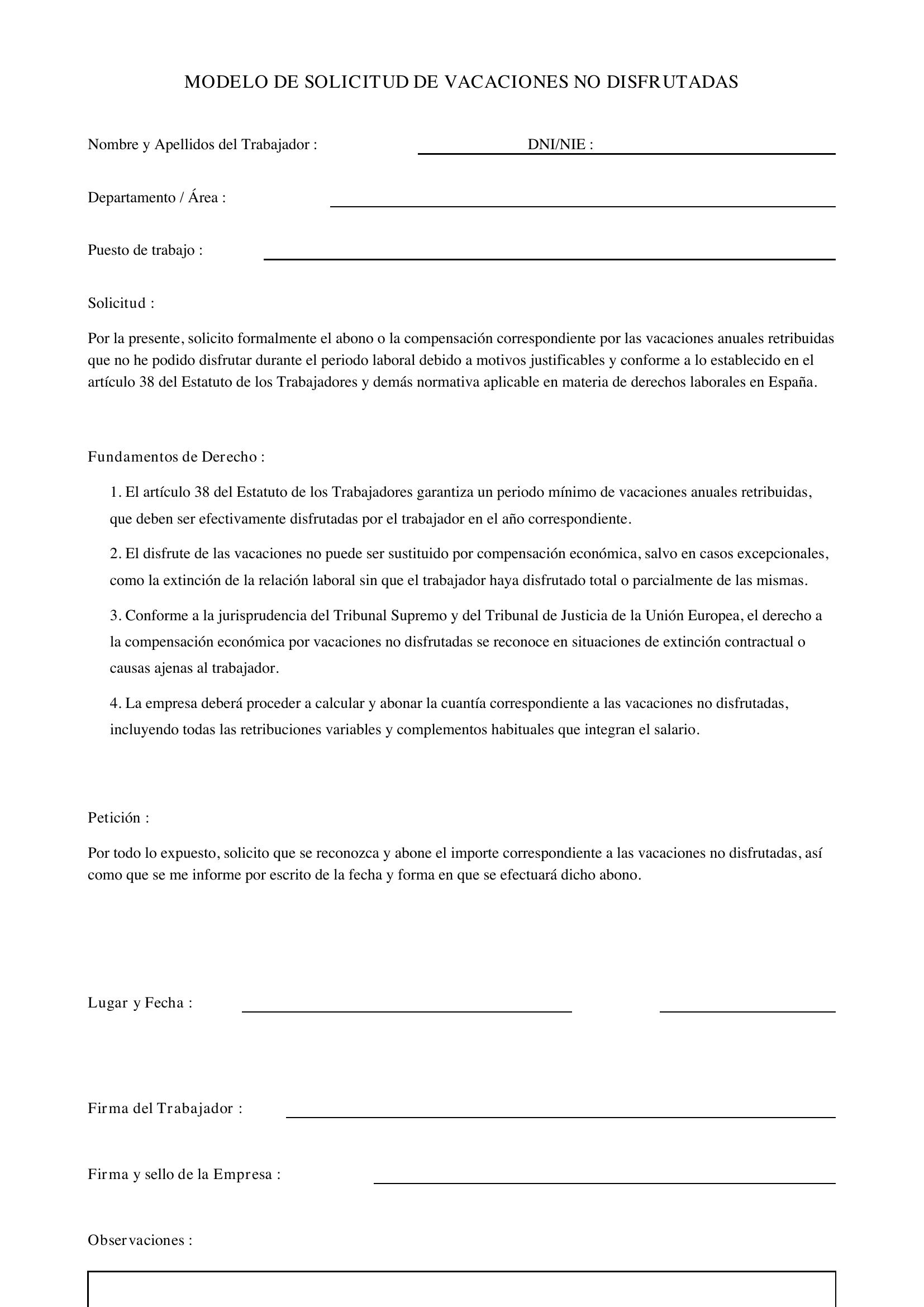 Modelo Solicitud Vacaciones No Disfrutadas