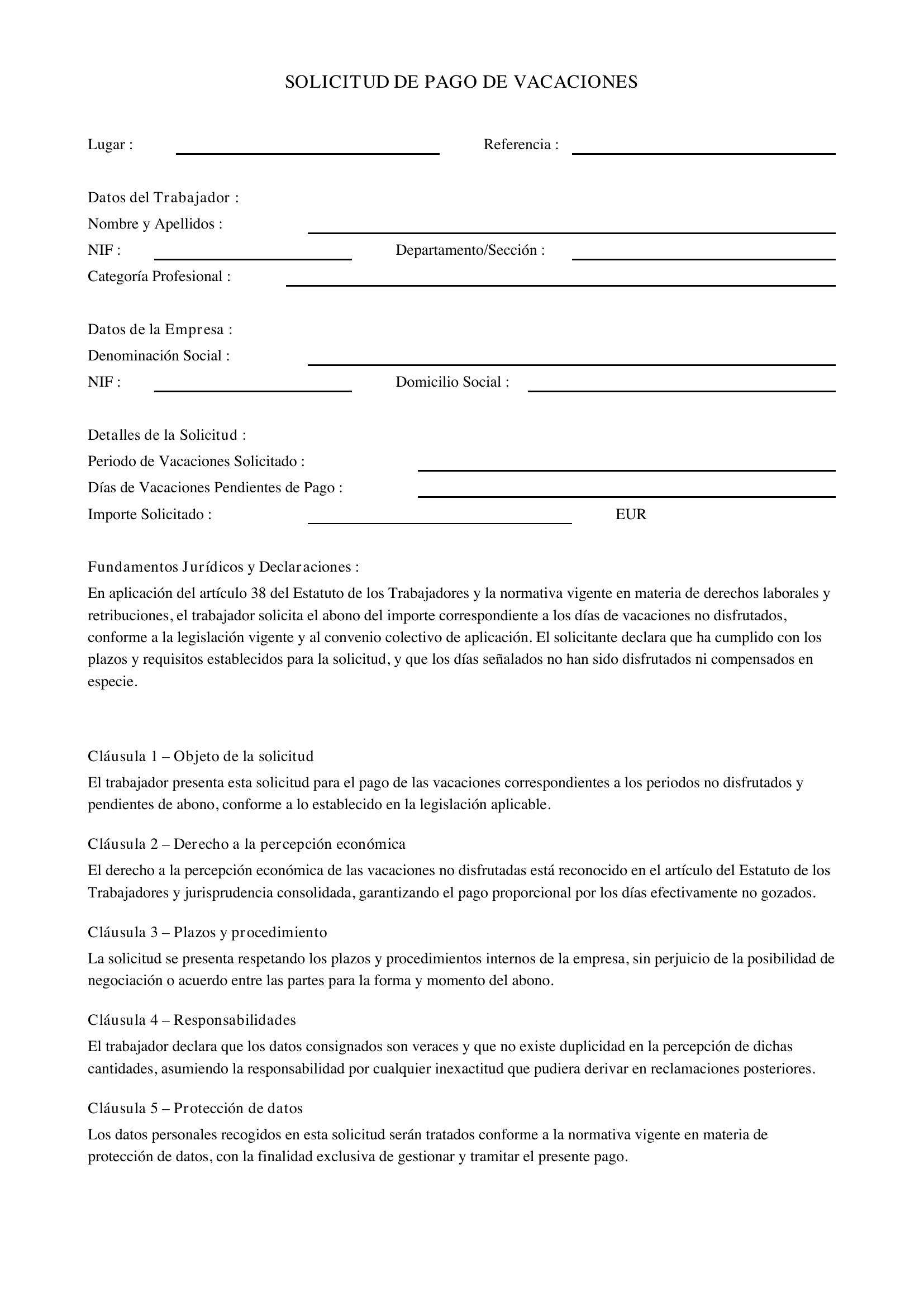 Solicitud De Pago De Vacaciones